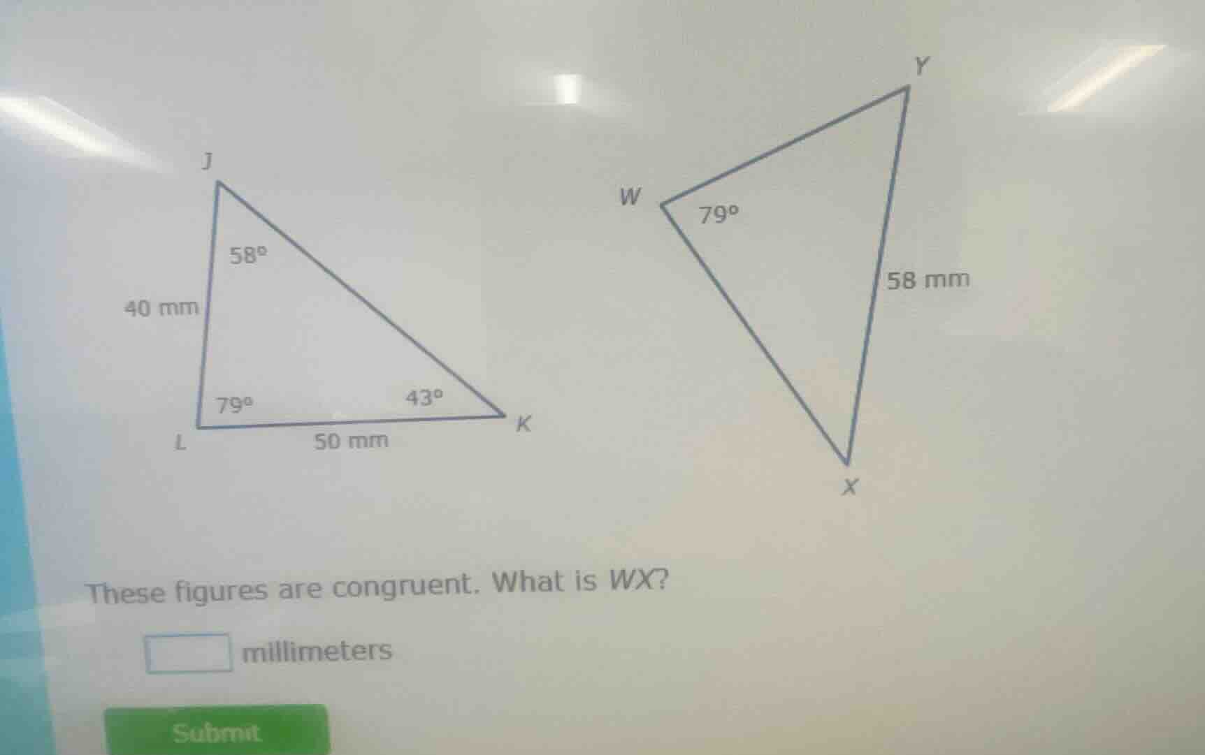 triangle jlk: ∠j = 58°, ∠l = 79°, ∠k = 43°, jl = 40 mm, lk = 50 mm tria…