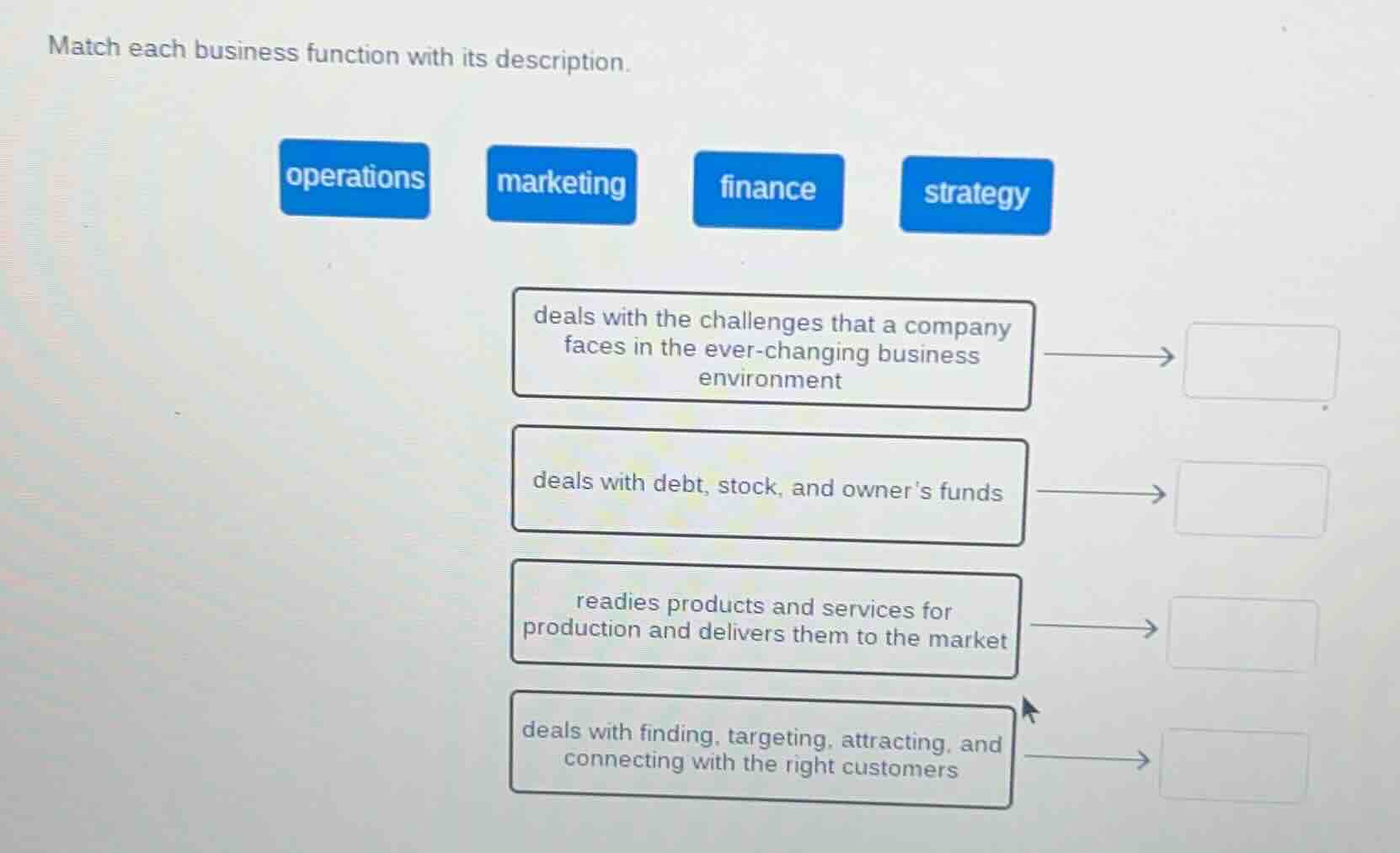 match each business function with its description. operations marketing…