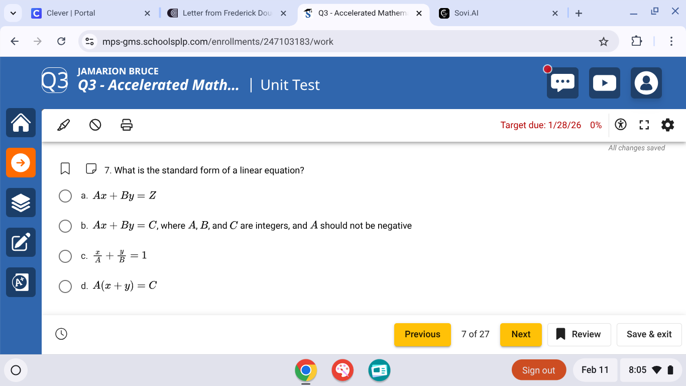 7. what is the standard form of a linear equation? a. $ax + by = z$ b. …