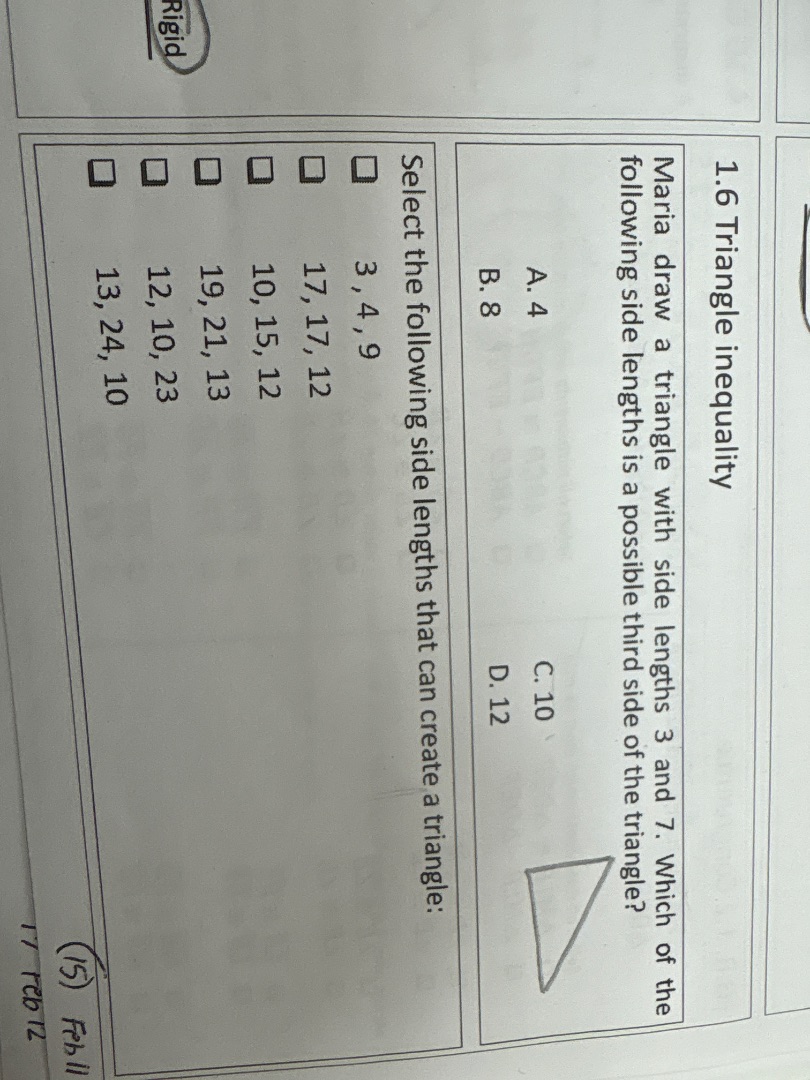 1.6 triangle inequality maria draw a triangle with side lengths 3 and 7…