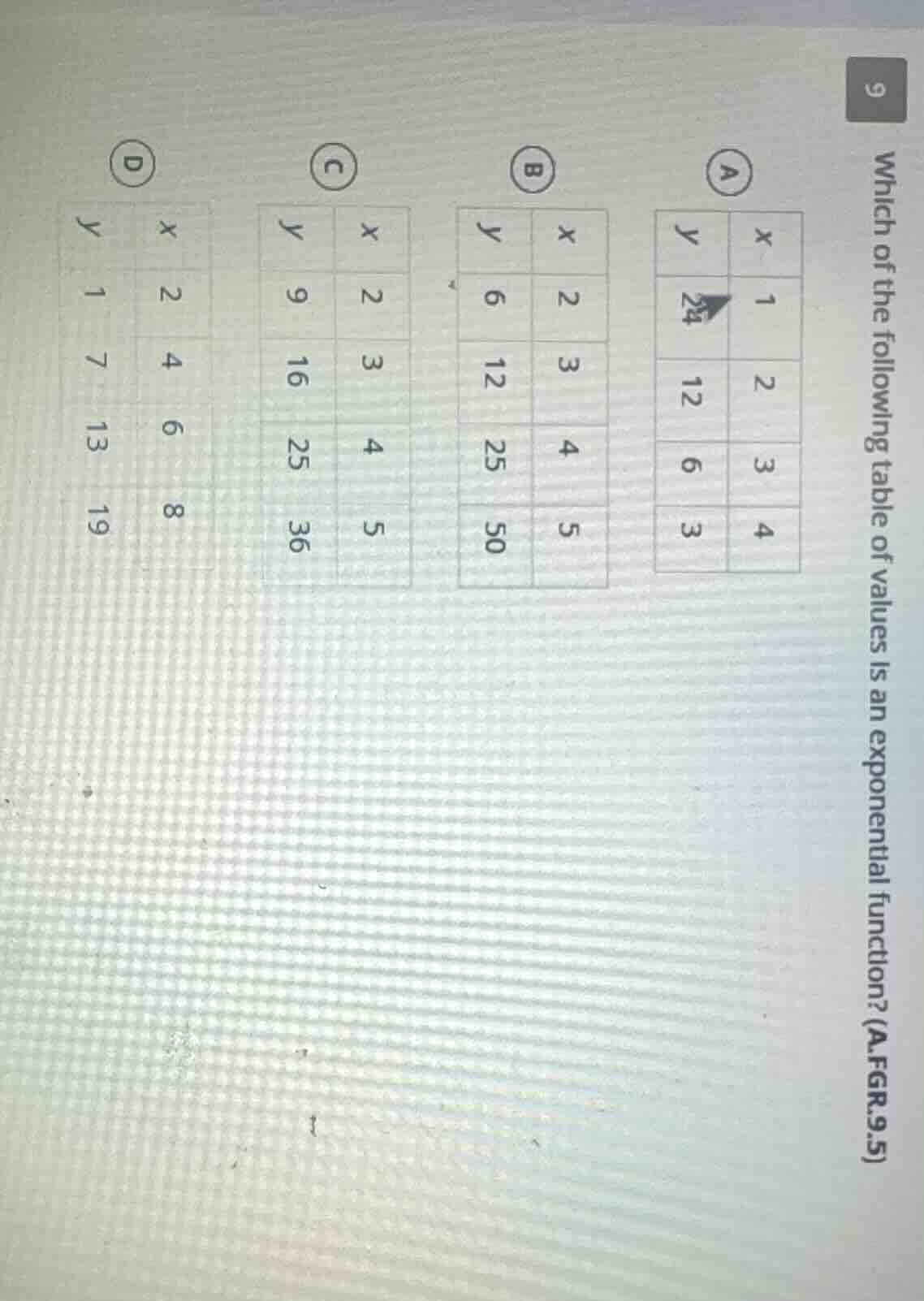 9 which of the following table of values is an exponential function? (a…