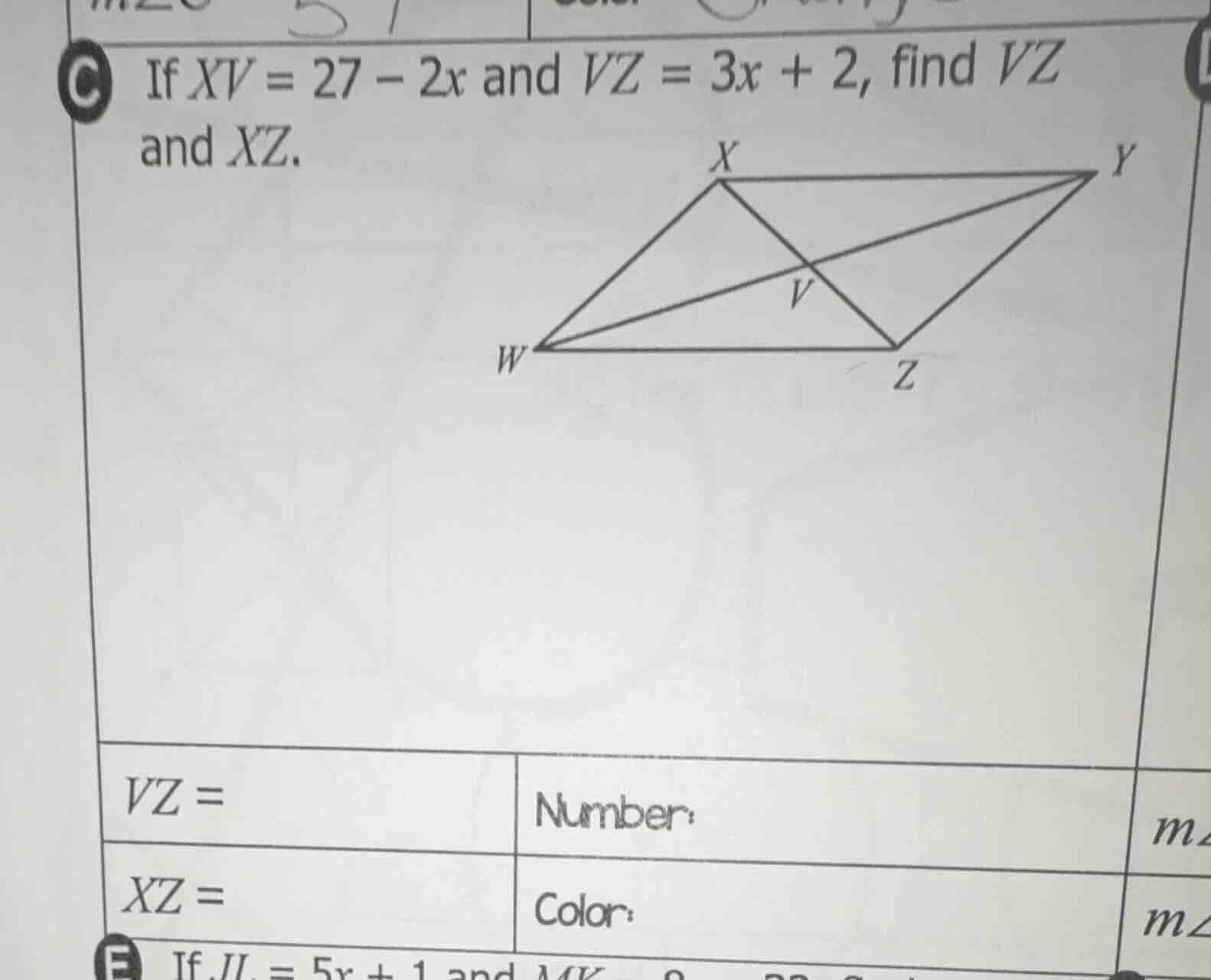 if $xv = 27 - 2x$ and $vz = 3x + 2$, find $vz$ and $xz$. $vz =$ $xz =$ …