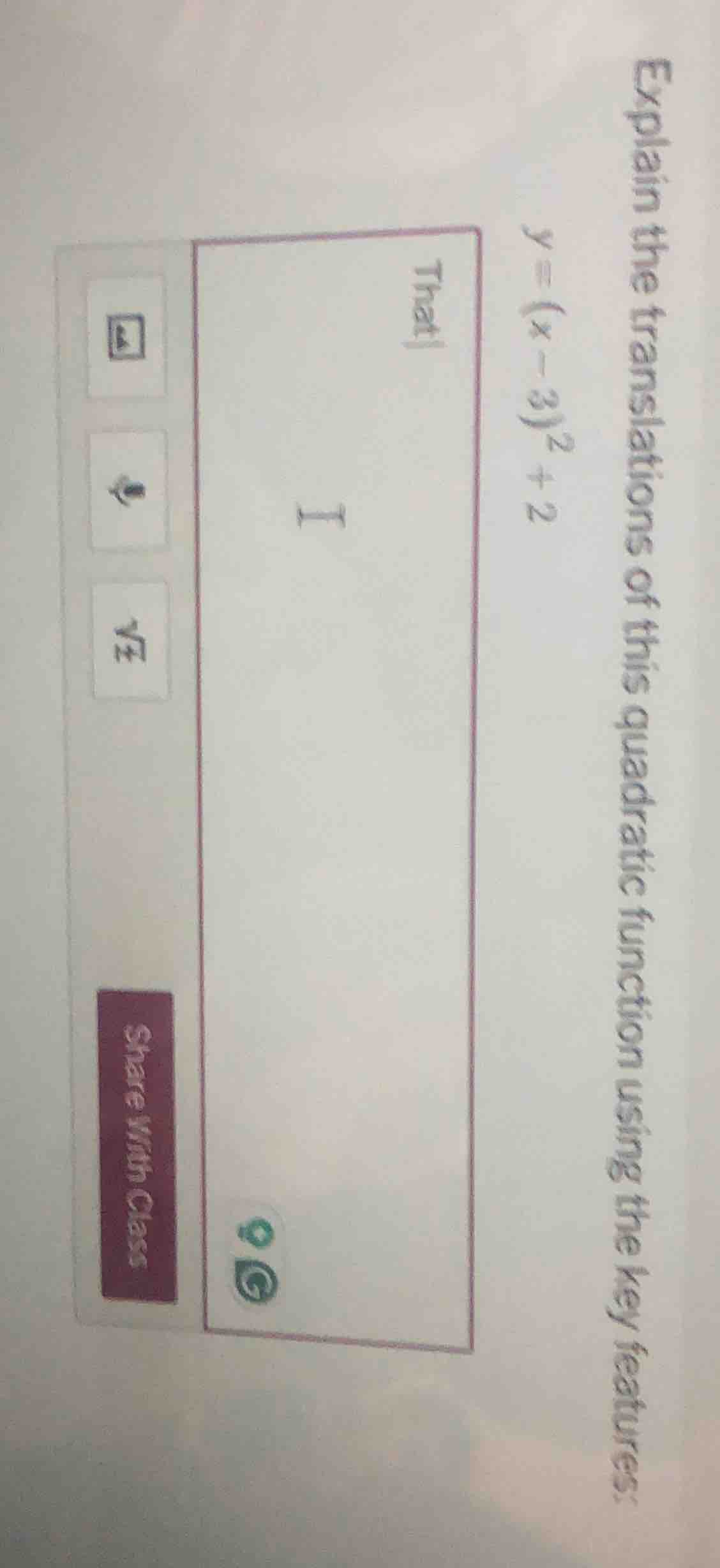 explain the translations of this quadratic function using the key featu…