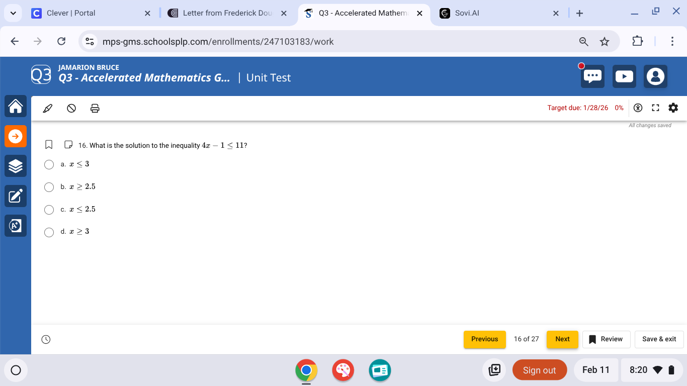 16. what is the solution to the inequality $4x - 1 \\leq 11?$ a. $x \\l…