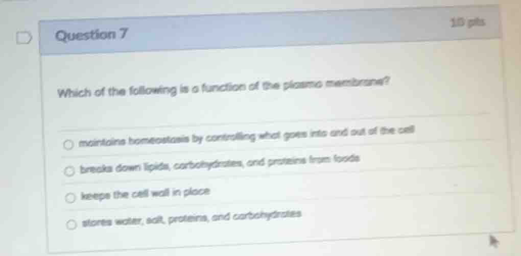 question 7 1.0 pts which of the following is a function of the plasma m…