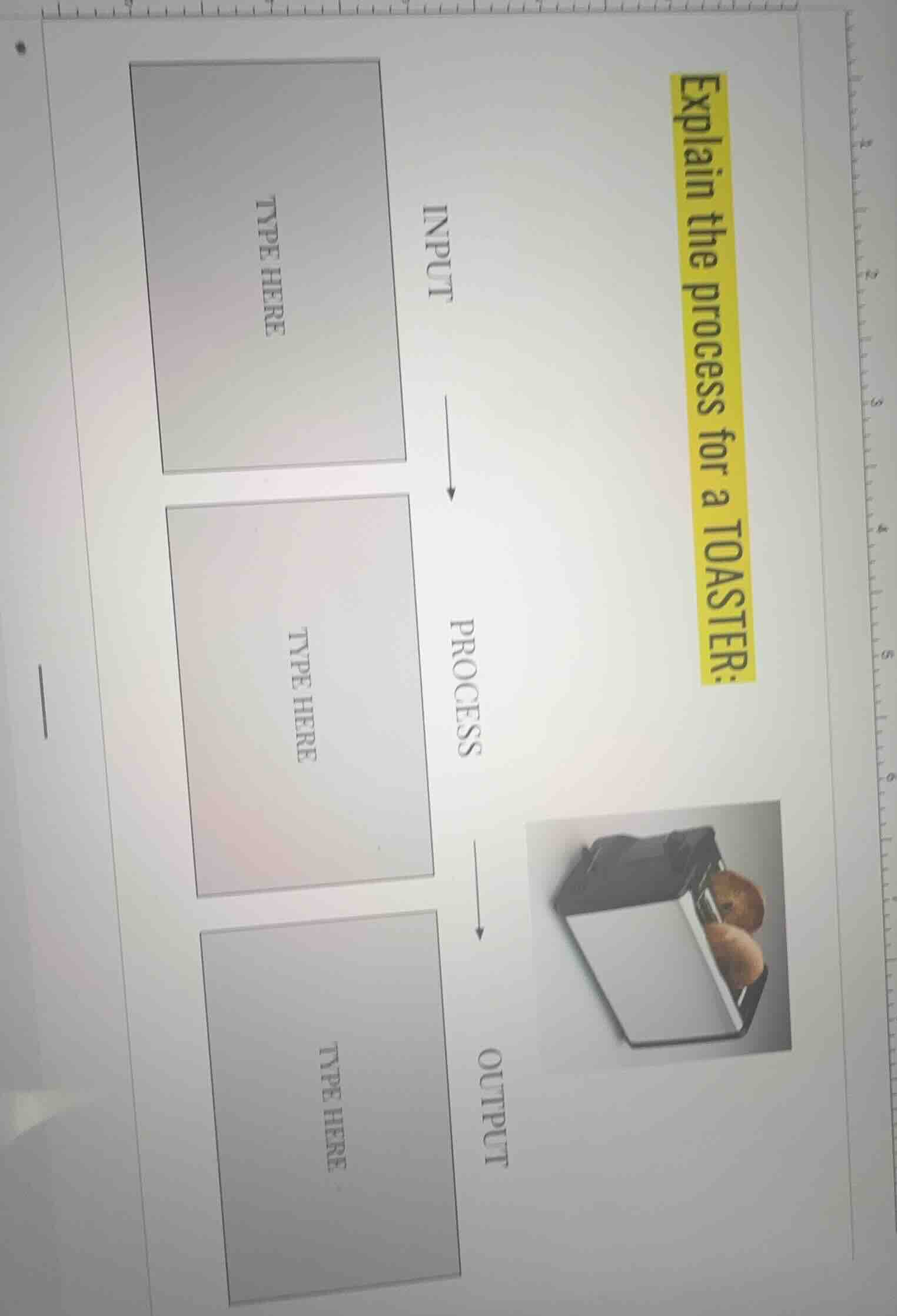 explain the process for a toaster: input type here process type here ou…