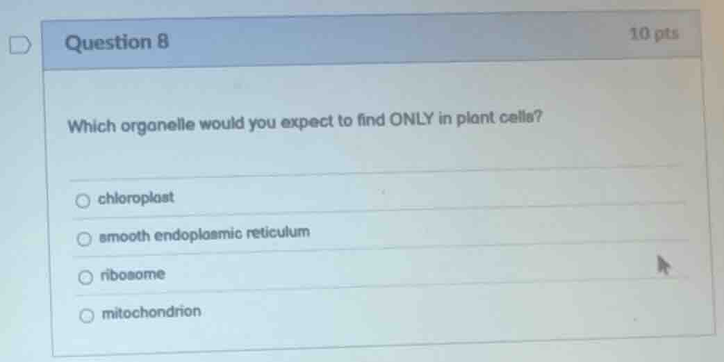 question 8 10 pts which organelle would you expect to find only in plan…