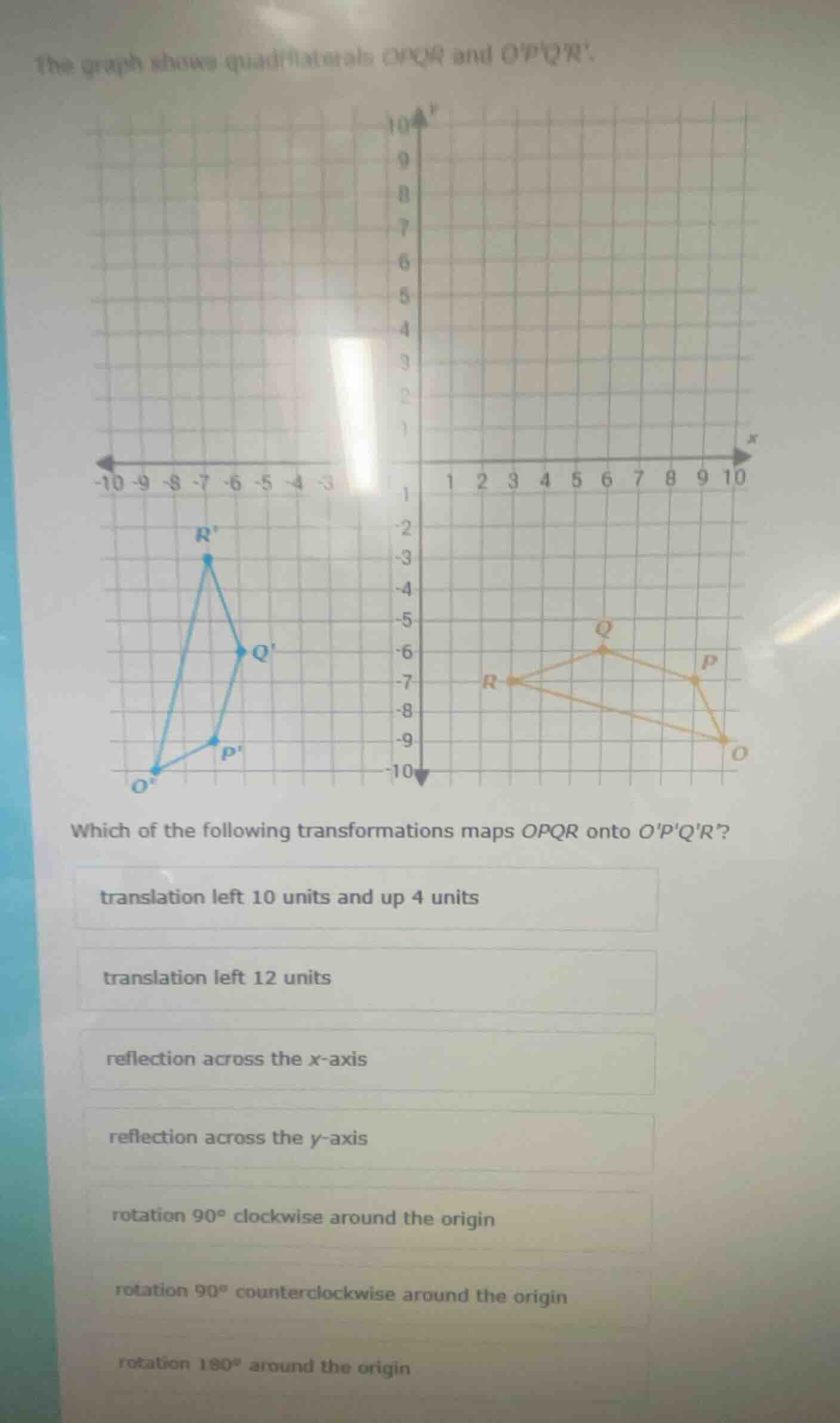 the graph shows quadrilaterals opqr and opqr. which of the following tr…