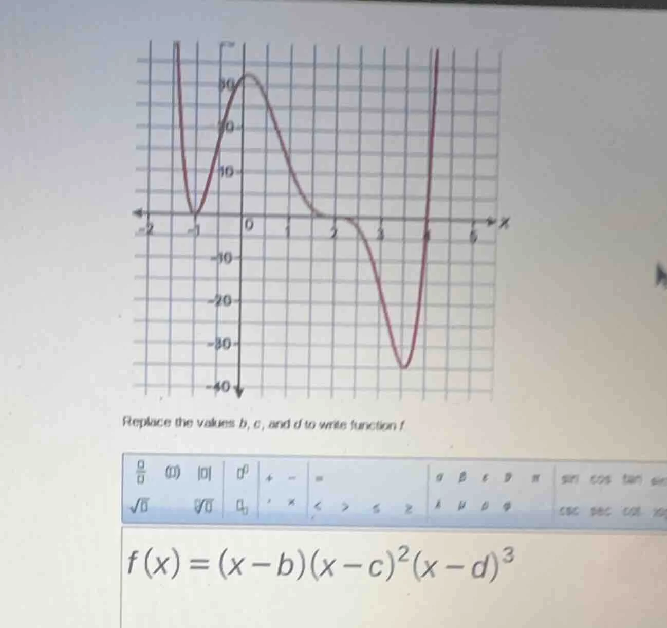 replace the values b, c, and d to write function $f$. $f(x)=(x-b)(x-c)^…