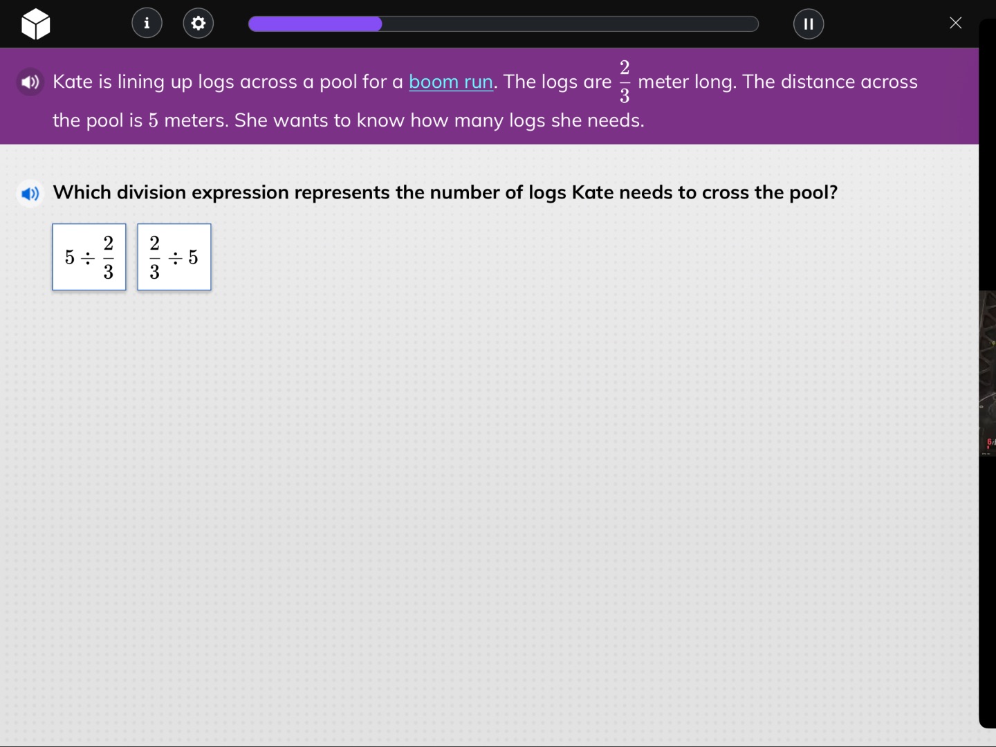 kate is lining up logs across a pool for a boom run. the logs are $\fra…