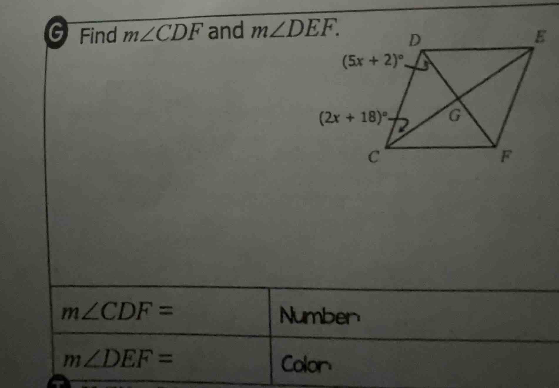 find $m\\angle cdf$ and $m\\angle def$. $(5x + 2)^\\circ$ $(2x + 18)^\\…