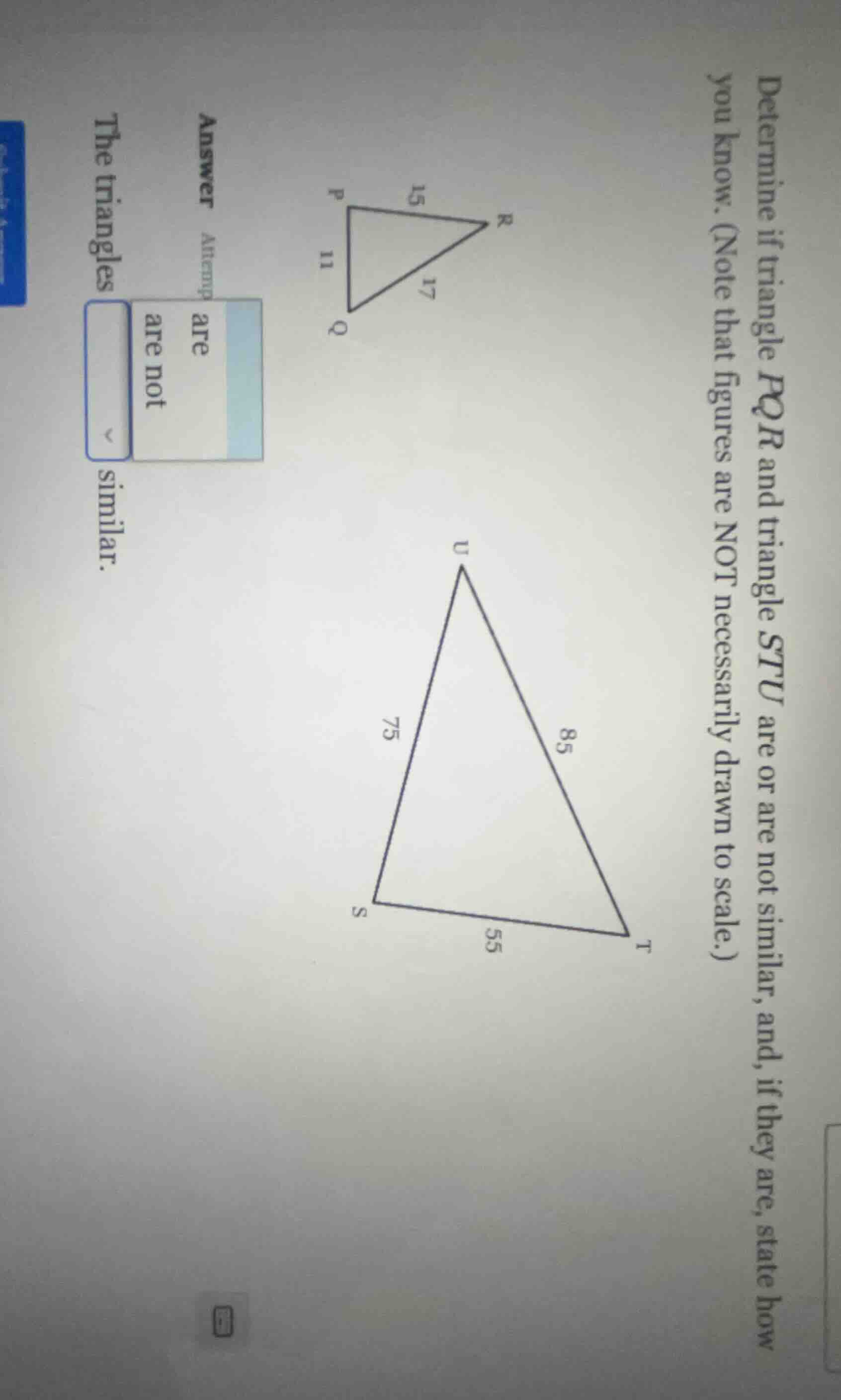 determine if triangle $pqr$ and triangle $stu$ are or are not similar, …