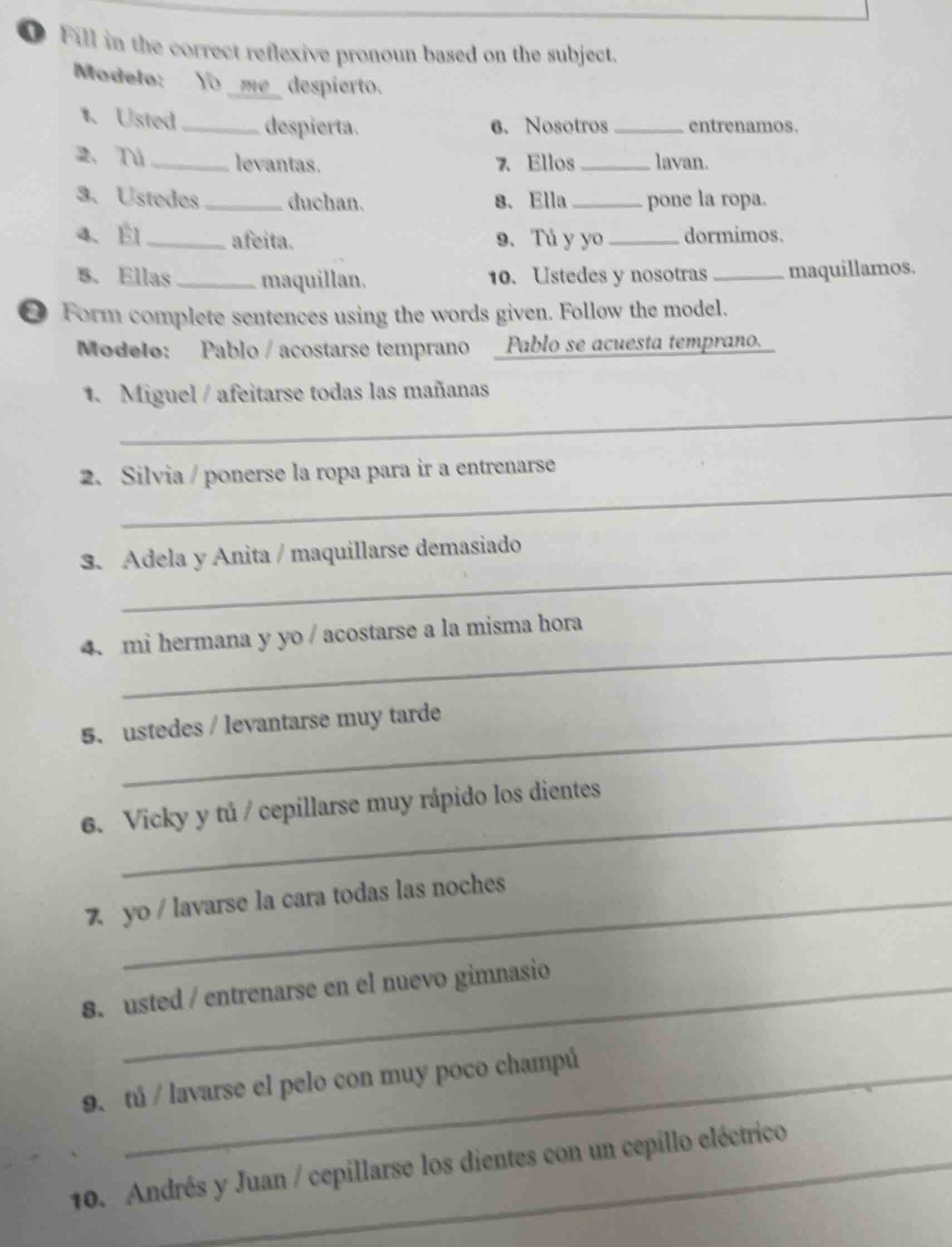 1 fill in the correct reflexive pronoun based on the subject. modelo: y…