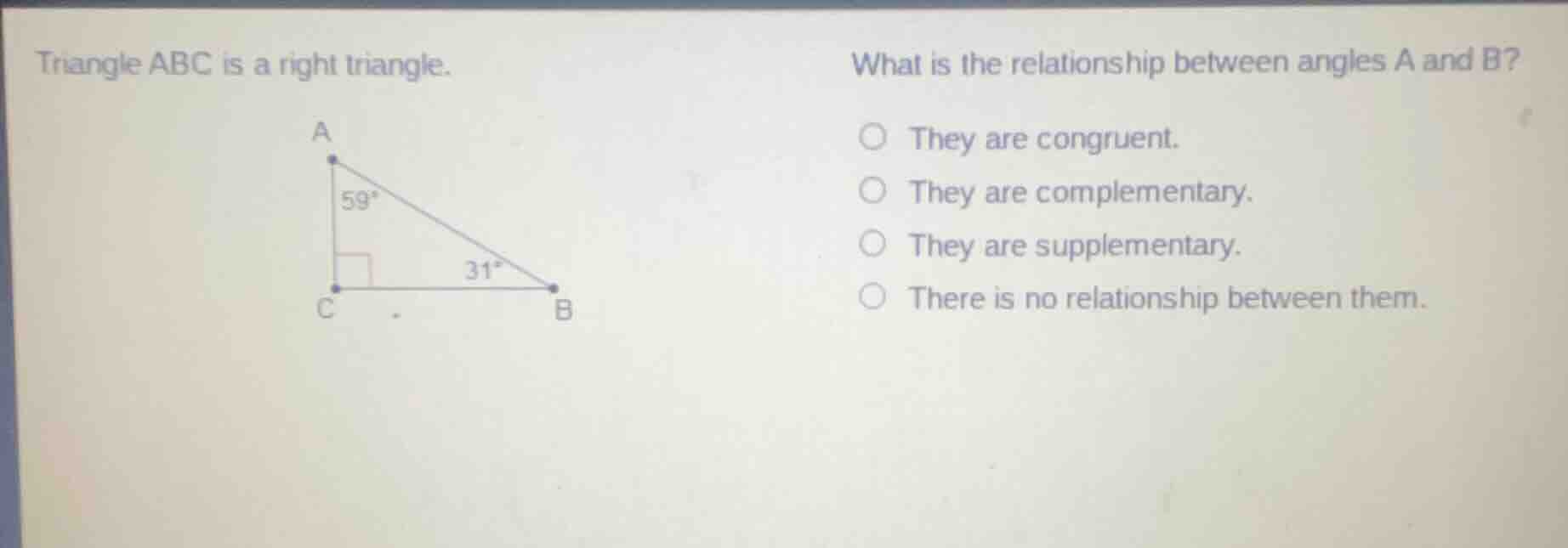 triangle abc is a right triangle. what is the relationship between angl…