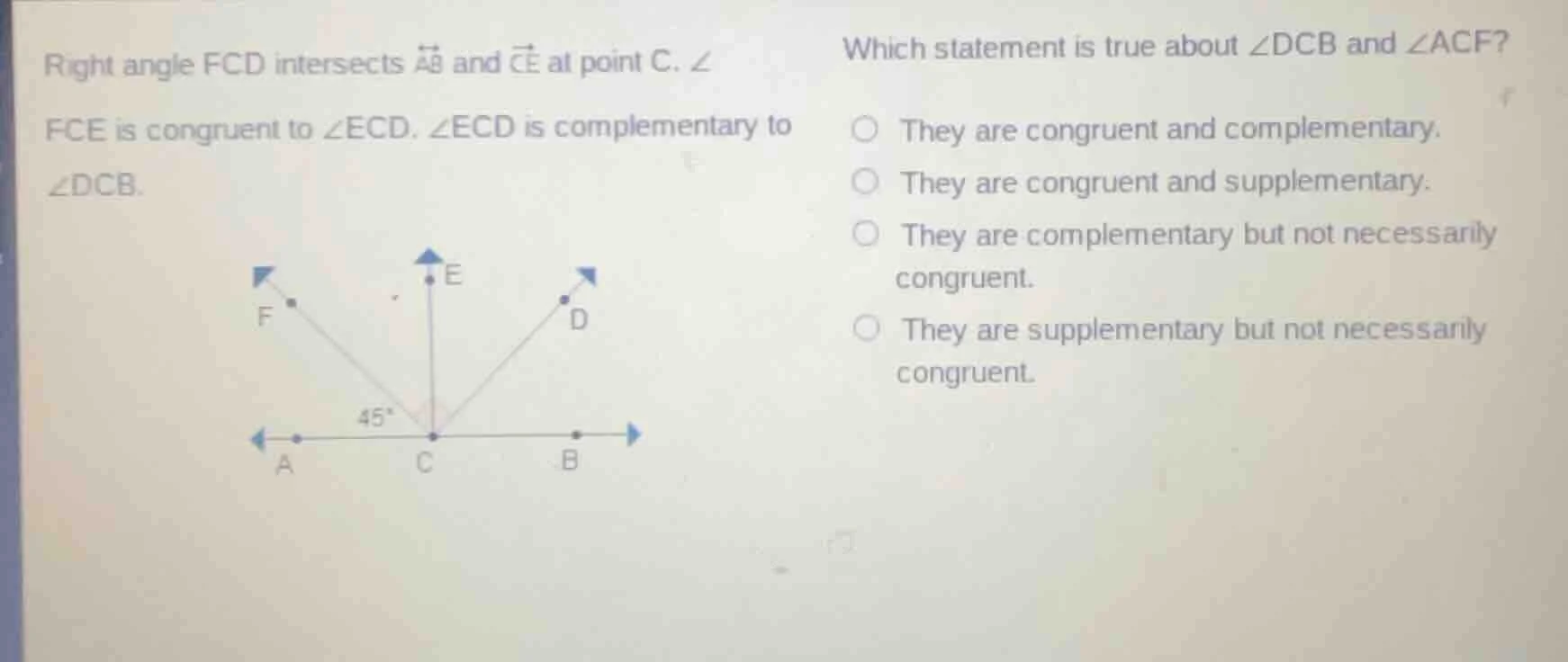 right angle fcd intersects $overleftrightarrow{ab}$ and $overrightarrow…