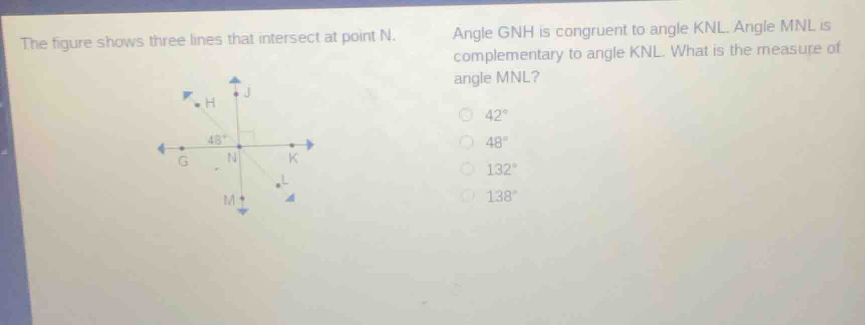 the figure shows three lines that intersect at point n. angle gnh is co…