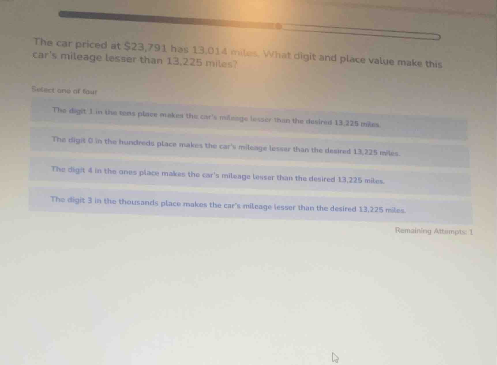 the car priced at $23,791 has 13,014 miles. what digit and place value …
