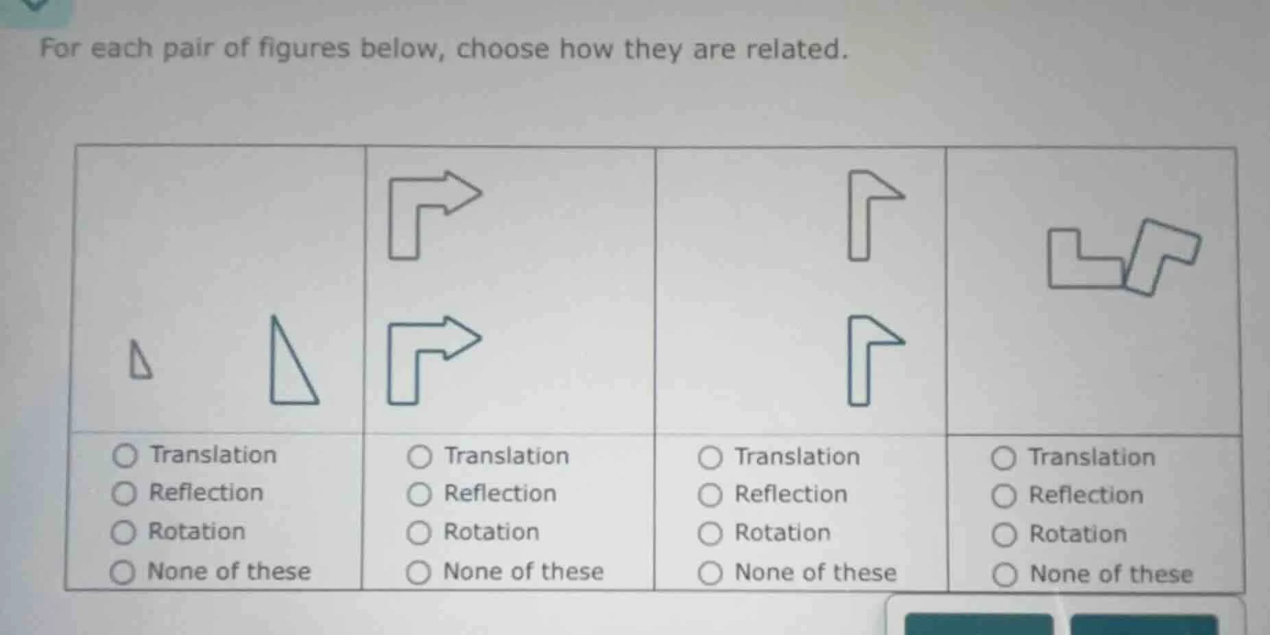 for each pair of figures below, choose how they are related. 1. ○ trans…
