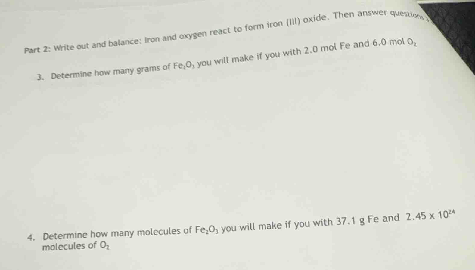 part 2: write out and balance: iron and oxygen react to form iron (iii)…