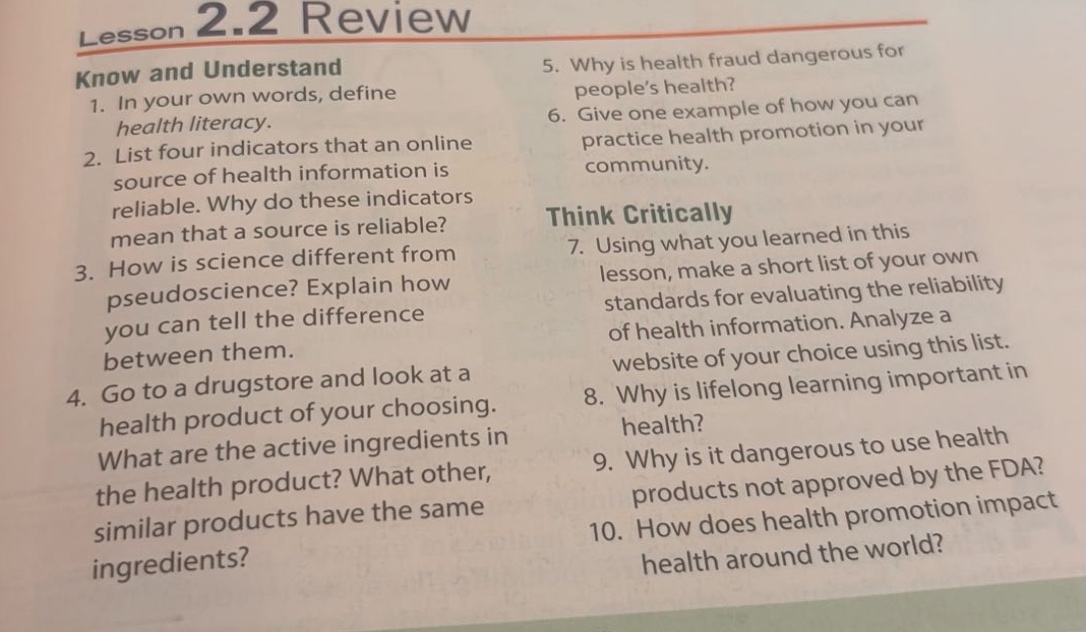 lesson 2.2 review know and understand 1. in your own words, define heal…