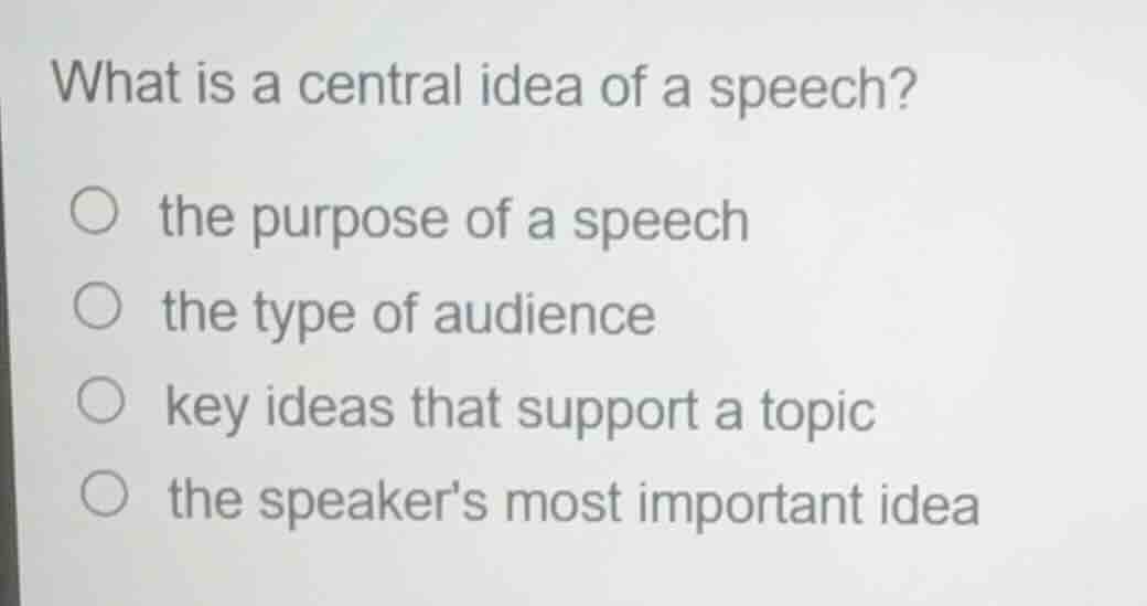 what is a central idea of a speech?○ the purpose of a speech○ the type …