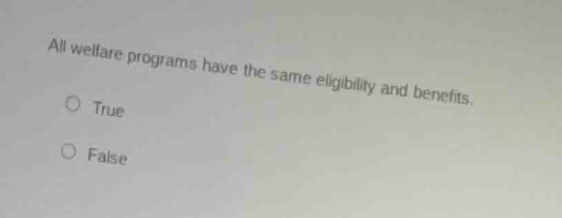 all welfare programs have the same eligibility and benefits. true false