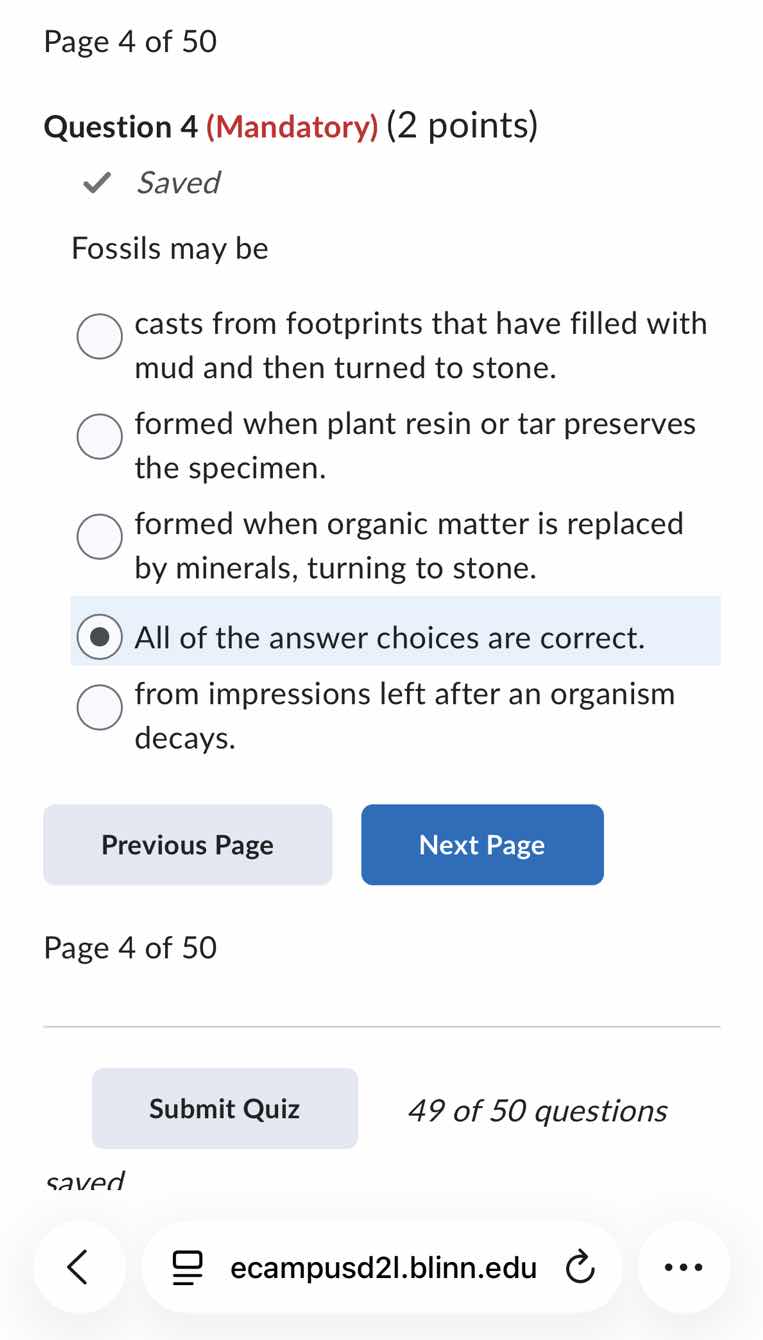 page 4 of 50 question 4 (mandatory) (2 points) ✓ saved fossils may be c…