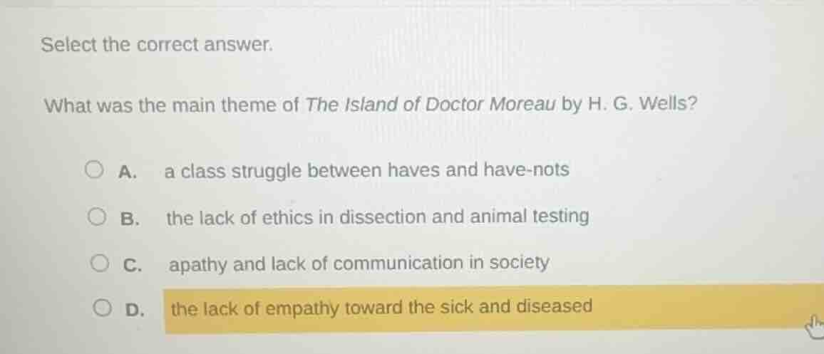 select the correct answer. what was the main theme of the island of doc…