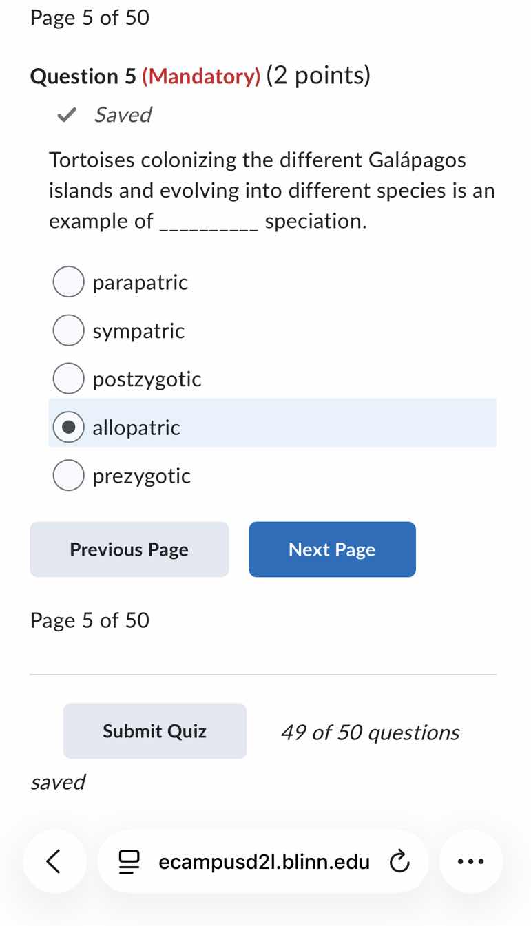 page 5 of 50 question 5 (mandatory) (2 points) ✓ saved tortoises coloni…