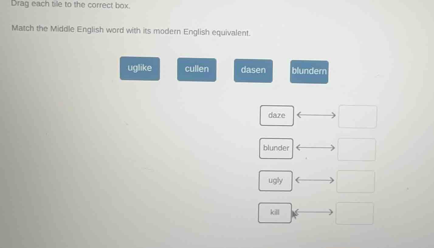 drag each tile to the correct box. match the middle english word with i…