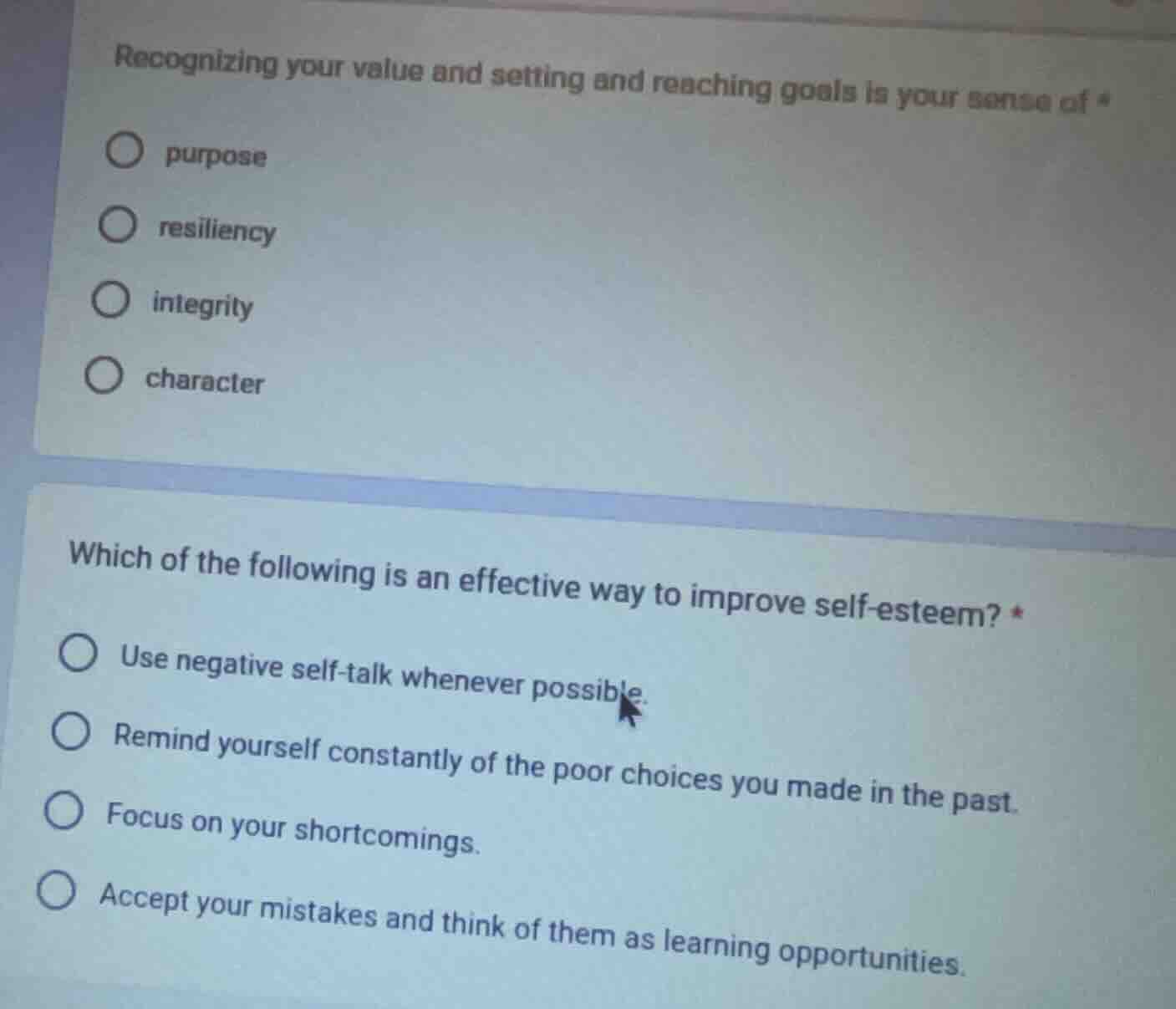 recognizing your value and setting and reaching goals is your sense of …