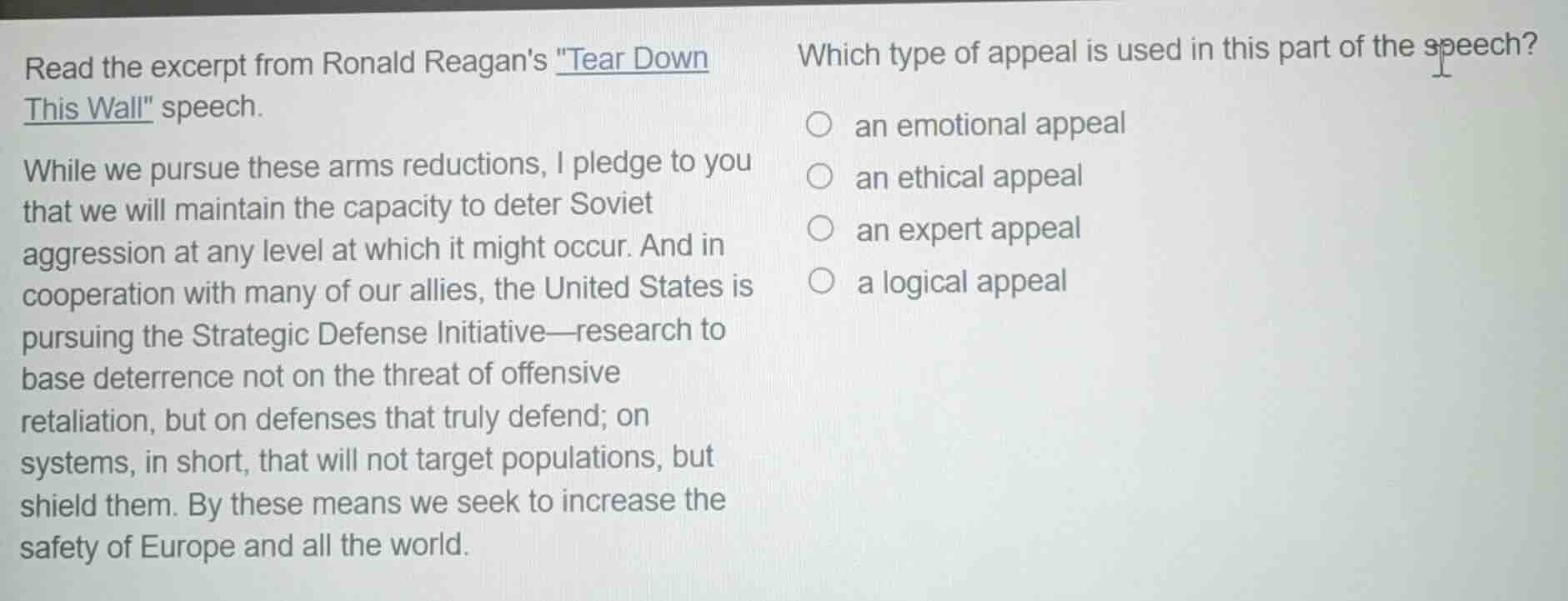 read the excerpt from ronald reagans \tear down this wall\ speech. whil…
