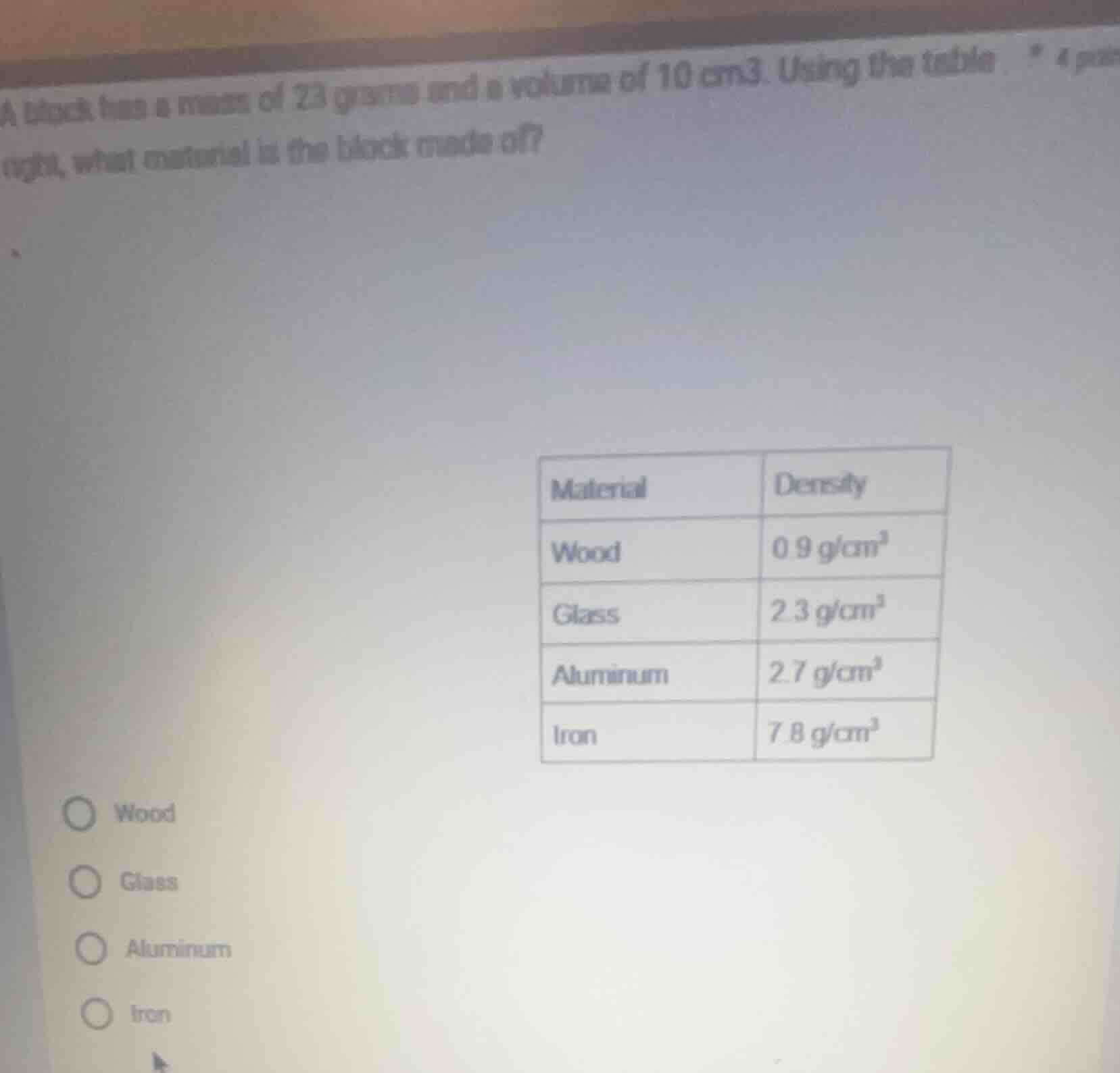 a block has a mass of 23 grams and a volume of 10 cm³. using the table …