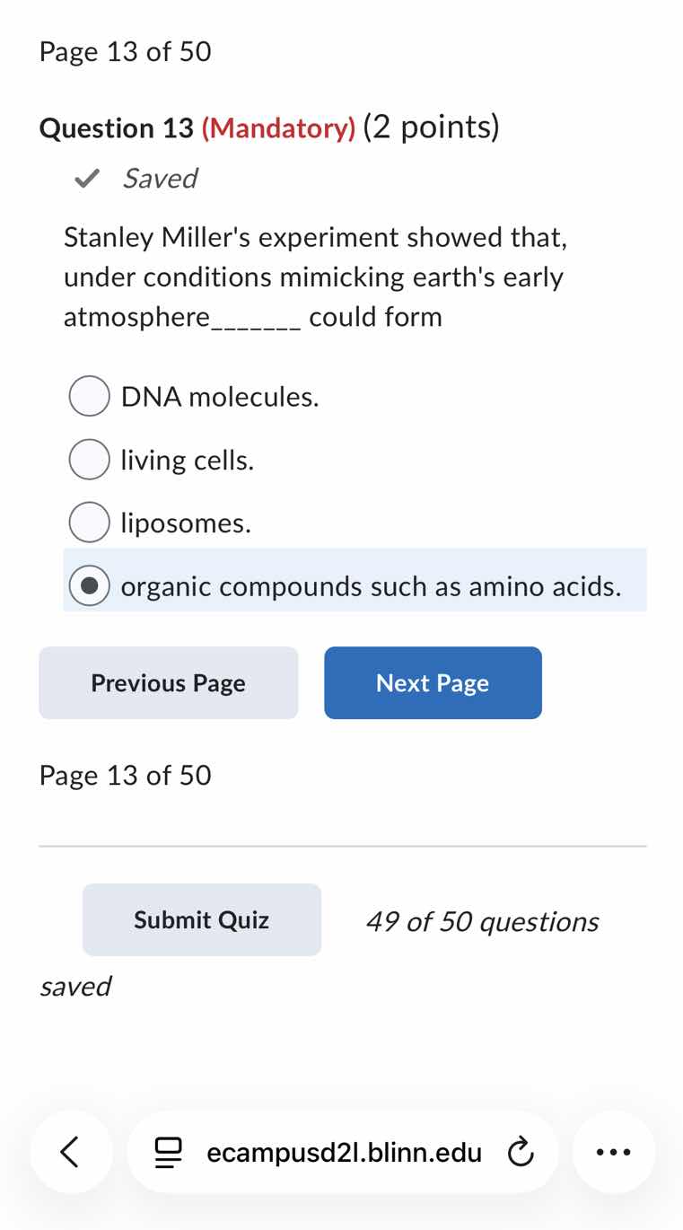 page 13 of 50 question 13 (mandatory) (2 points) ✓ saved stanley miller…