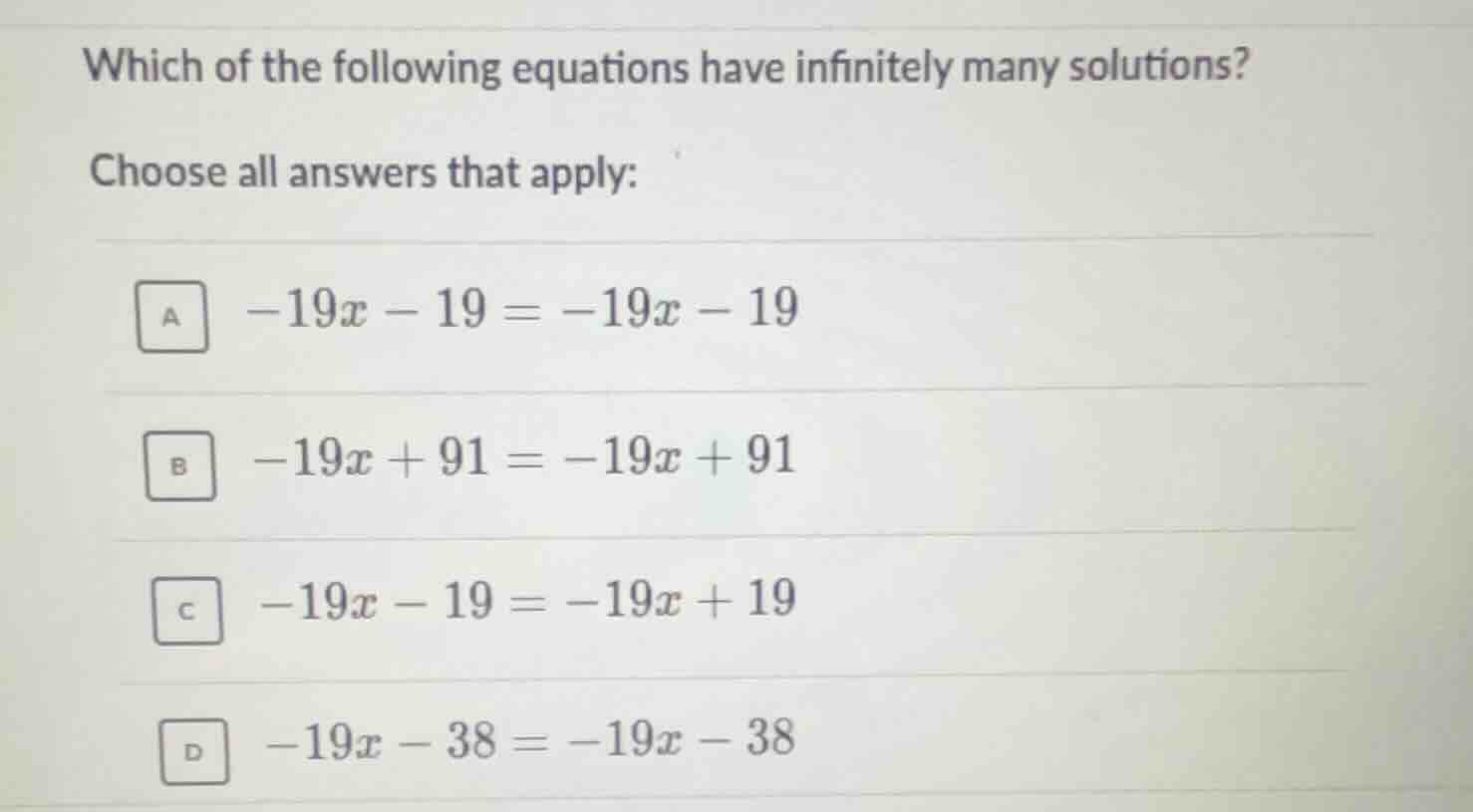 which of the following equations have infinitely many solutions? choose…