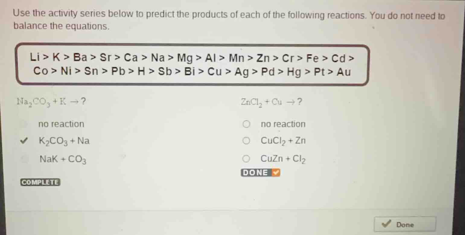 use the activity series below to predict the products of each of the fo…