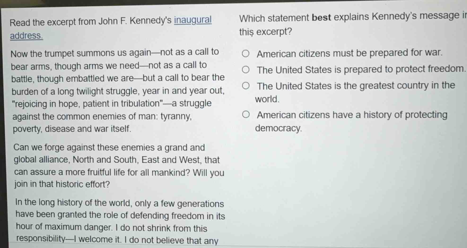 read the excerpt from john f. kennedys inaugural address. now the trump…