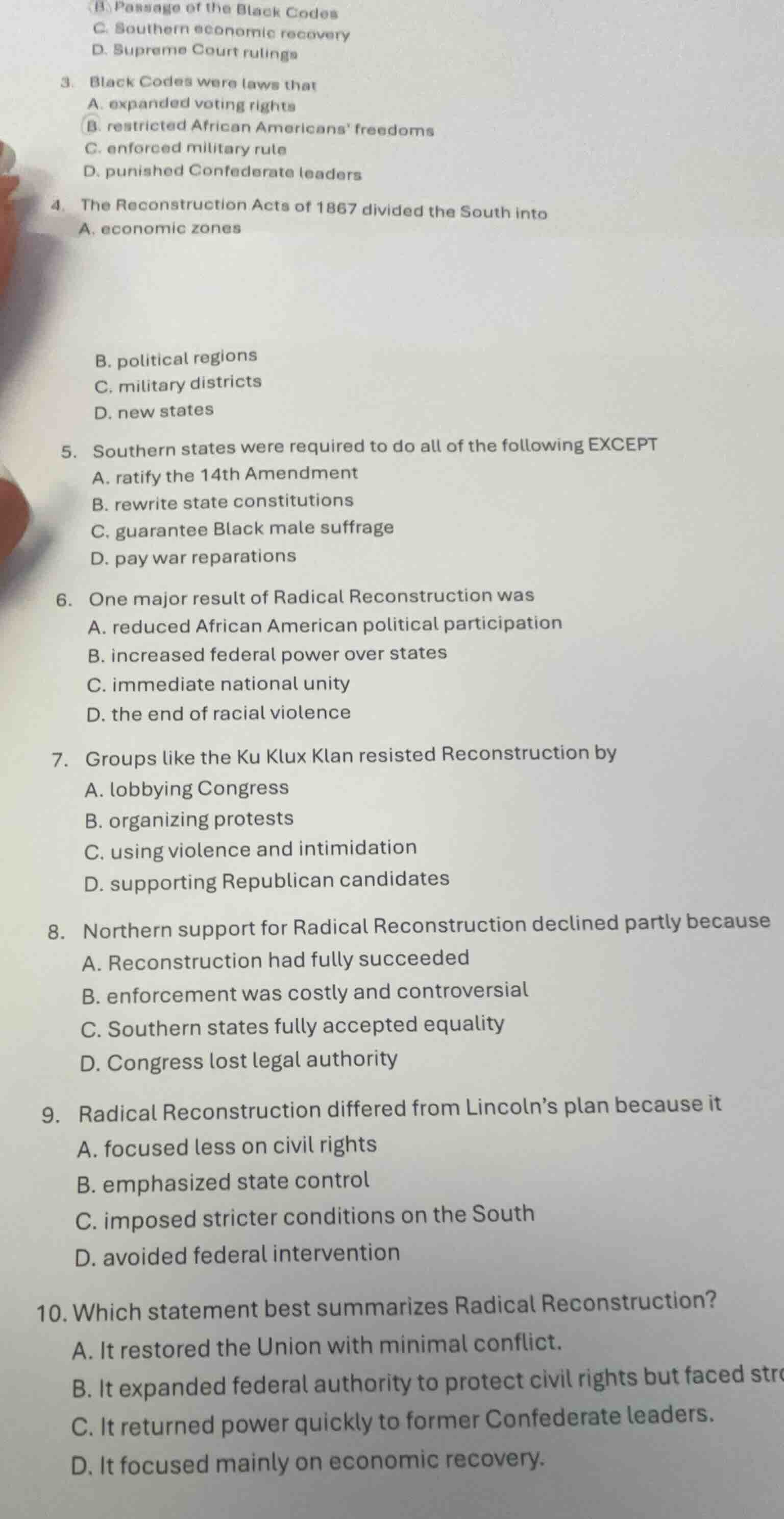 b. passage of the black codes c. southern economic recovery d. supreme …