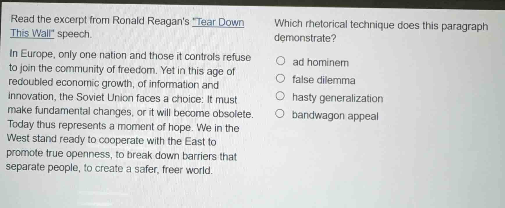read the excerpt from ronald reagans \tear down this wall\ speech. in e…