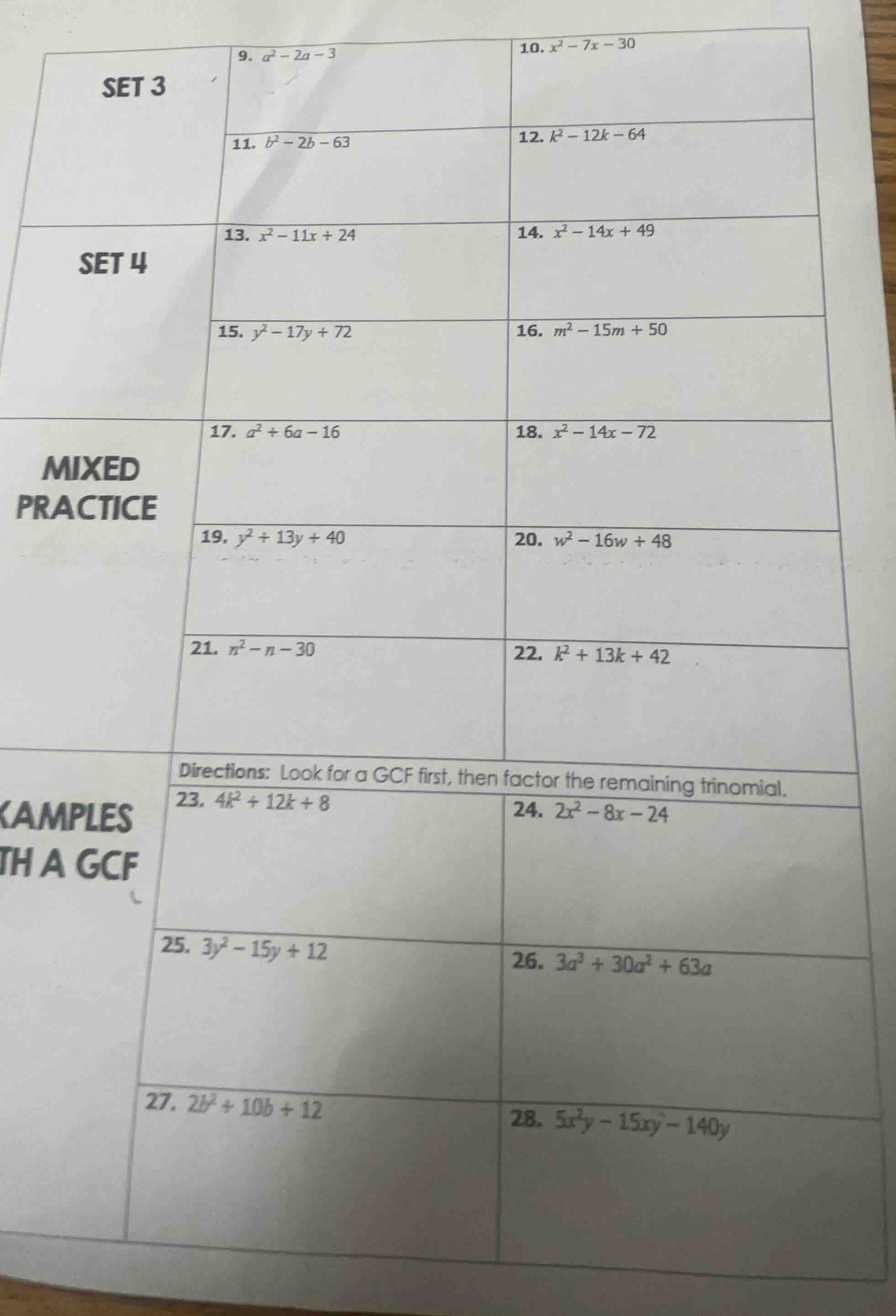 set 3 9. $a^2 - 2a - 3$ 10. $x^2 - 7x - 30$ 11. $b^2 - 2b - 63$ 12. $k^…