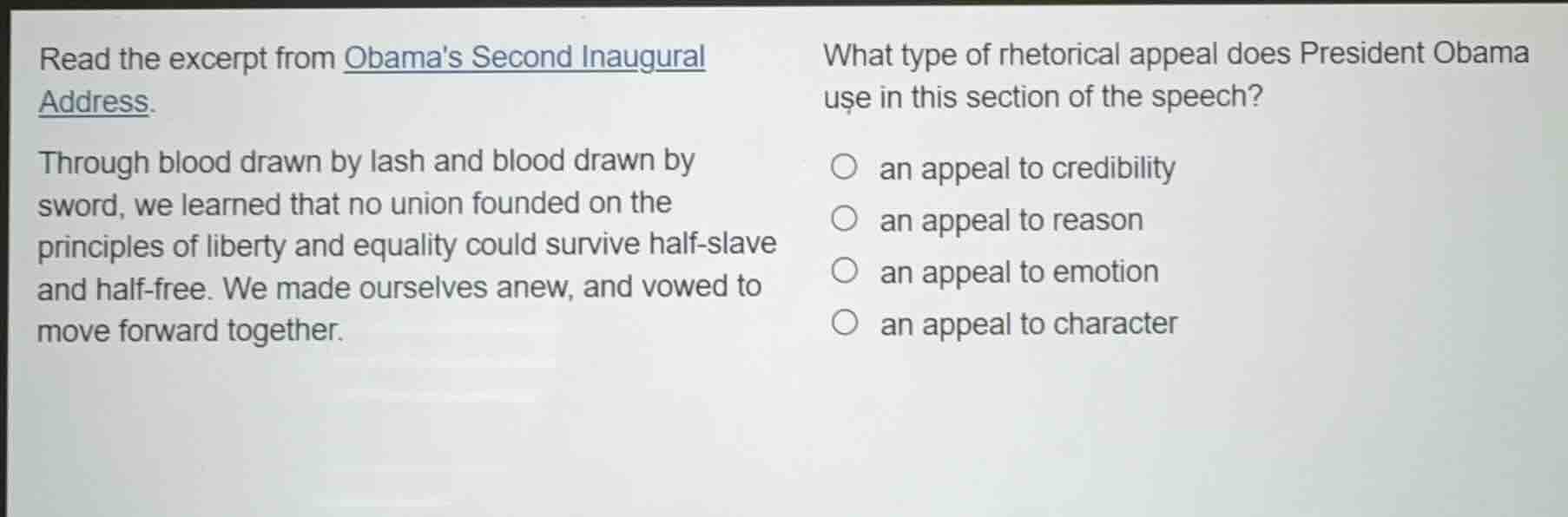 read the excerpt from obamas second inaugural address. through blood dr…