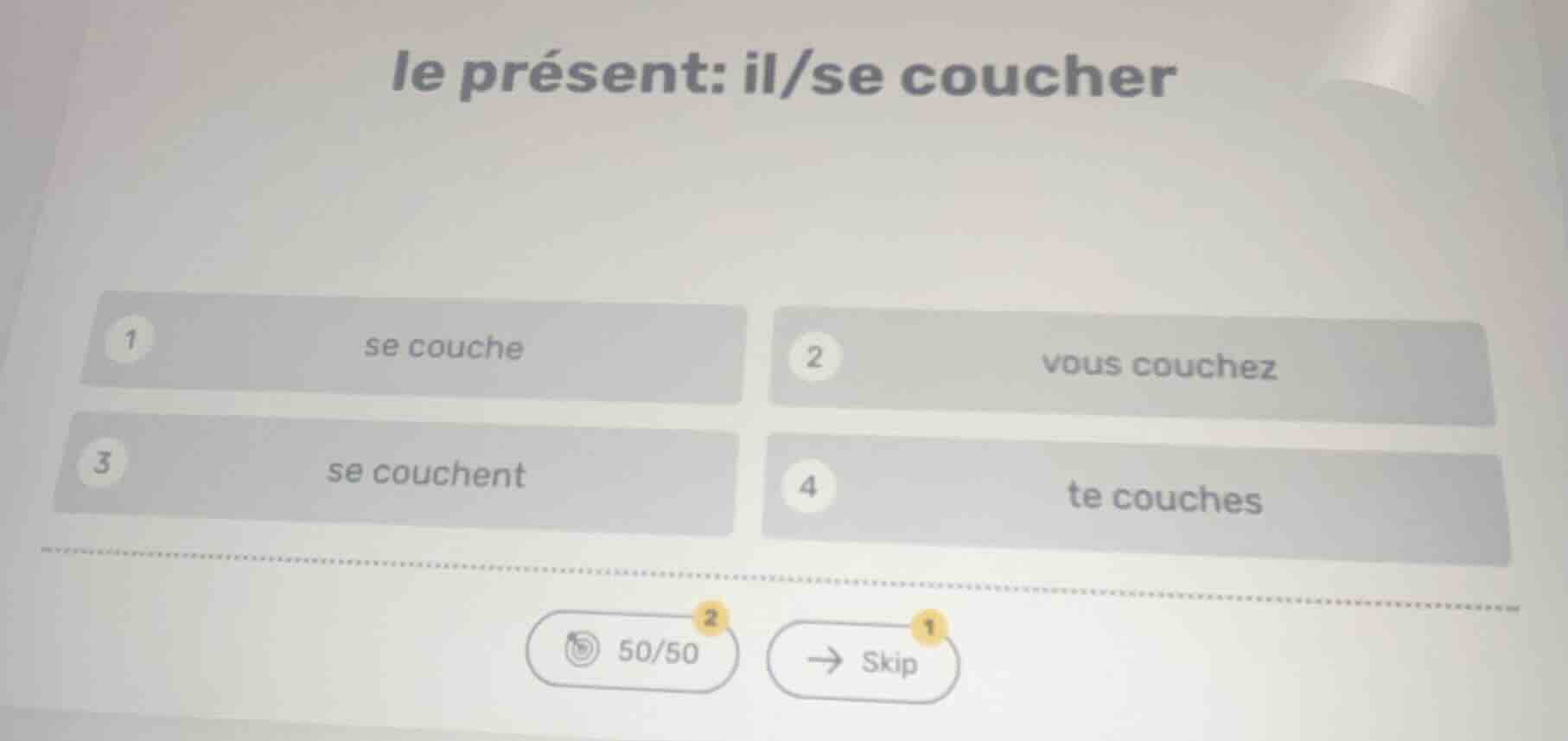 le présent: il/se coucher 1 se couche 2 vous couchez 3 se couchent 4 te…