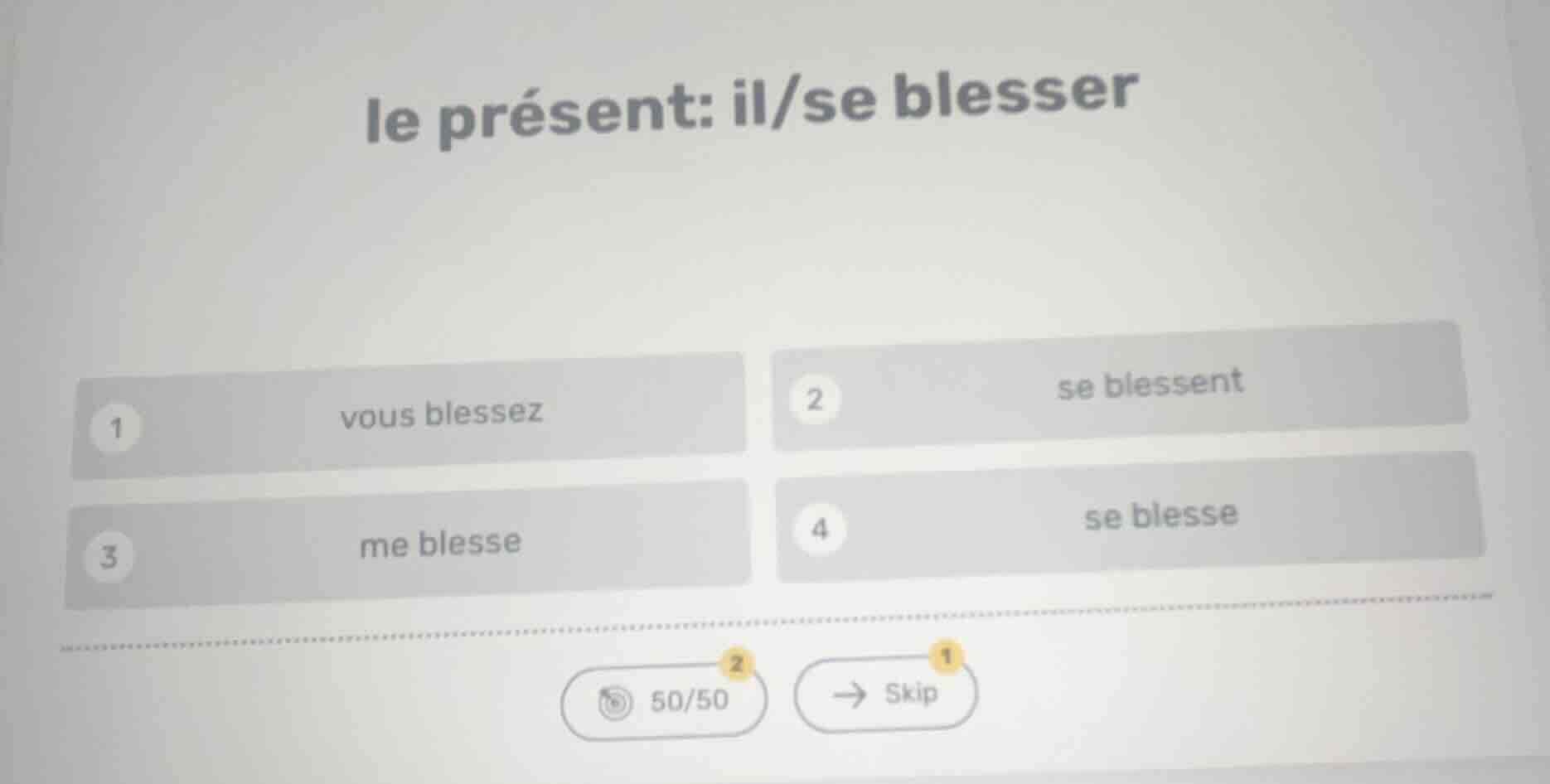 le présent: il/se blesser 1 vous blessez 2 se blessent 3 me blesse 4 se…