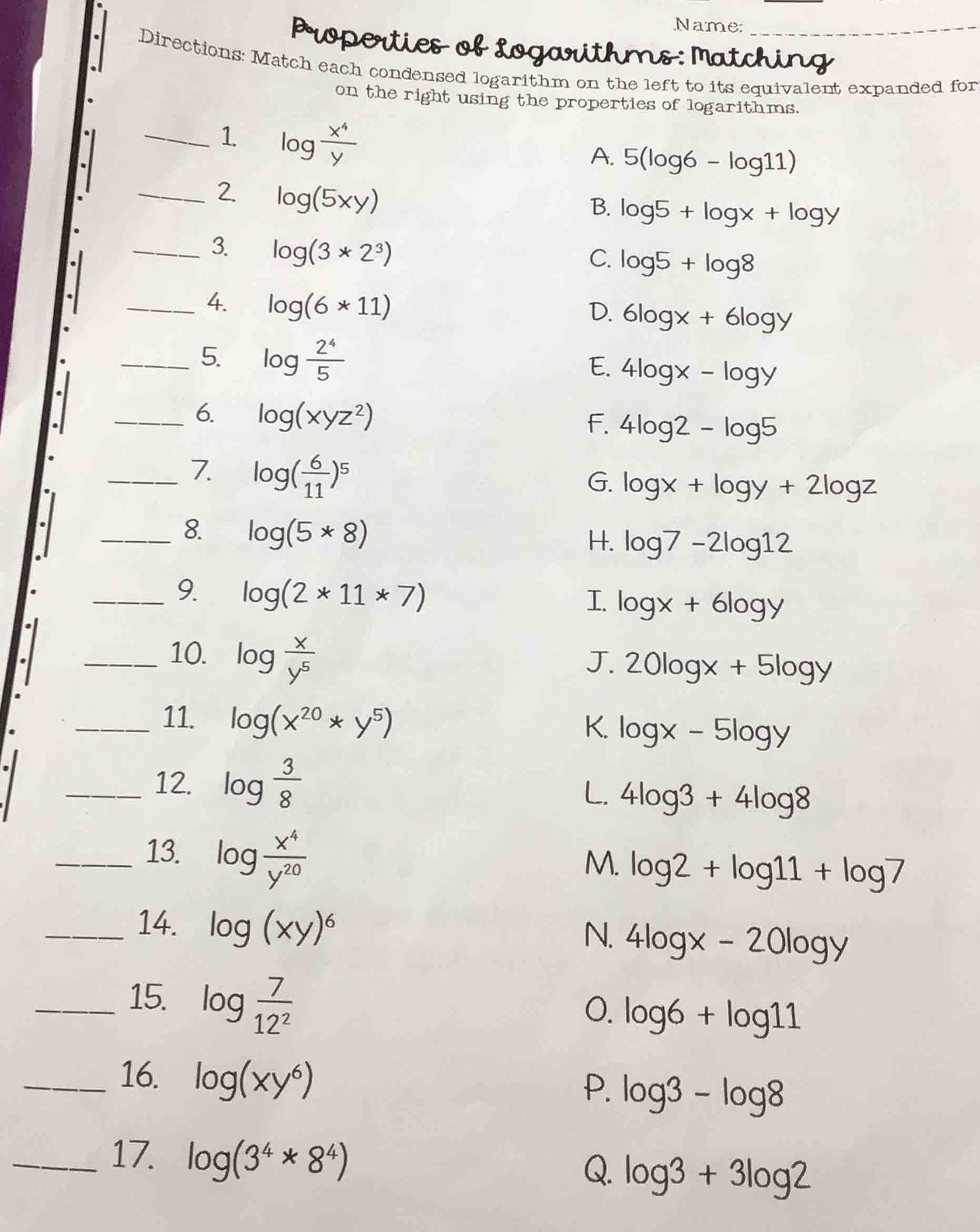 name: _______________ properties of logarithms: matching directions: ma…