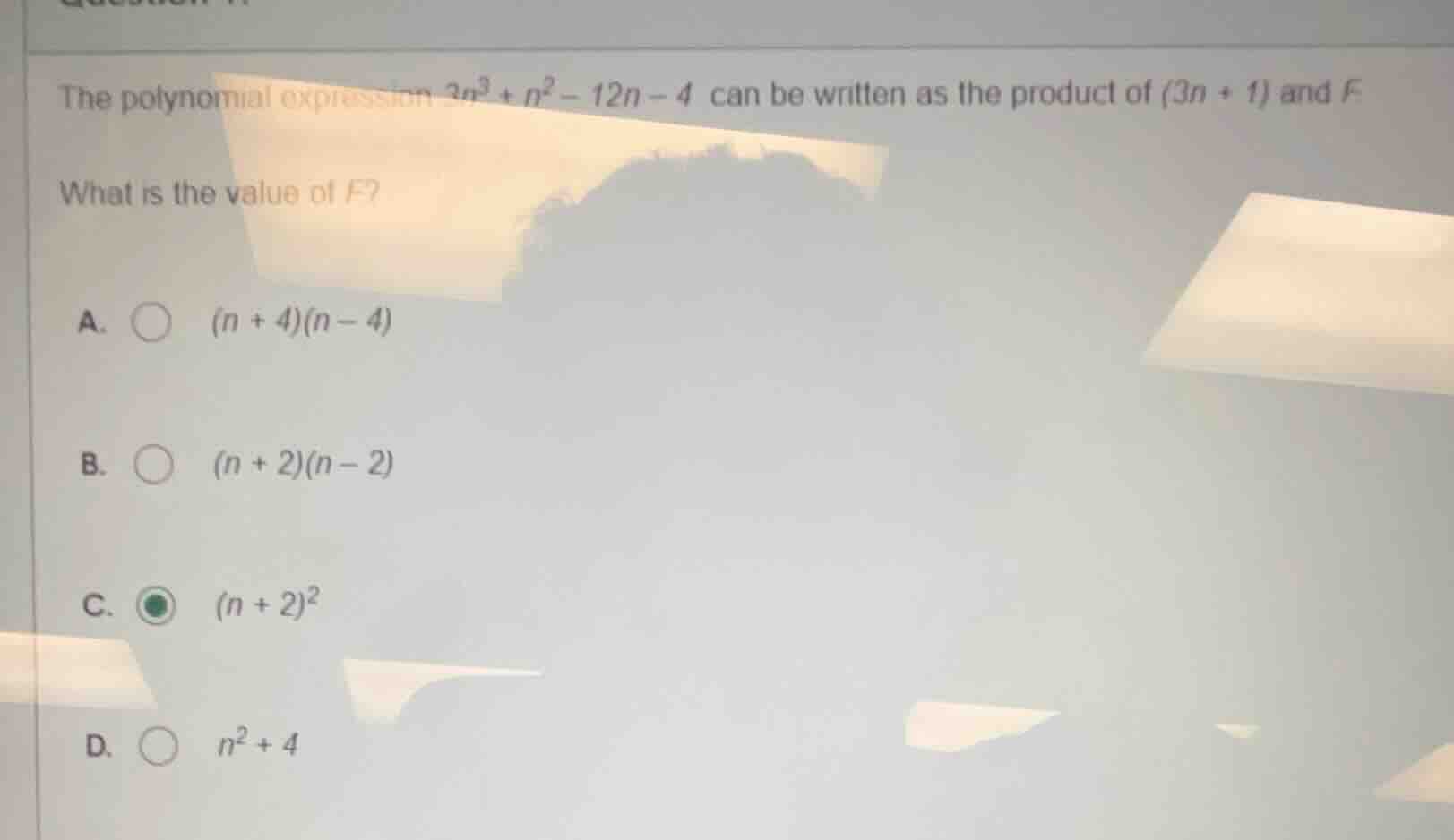 the polynomial expression $3n^{3}+n^{2}-12n - 4$ can be written as the …