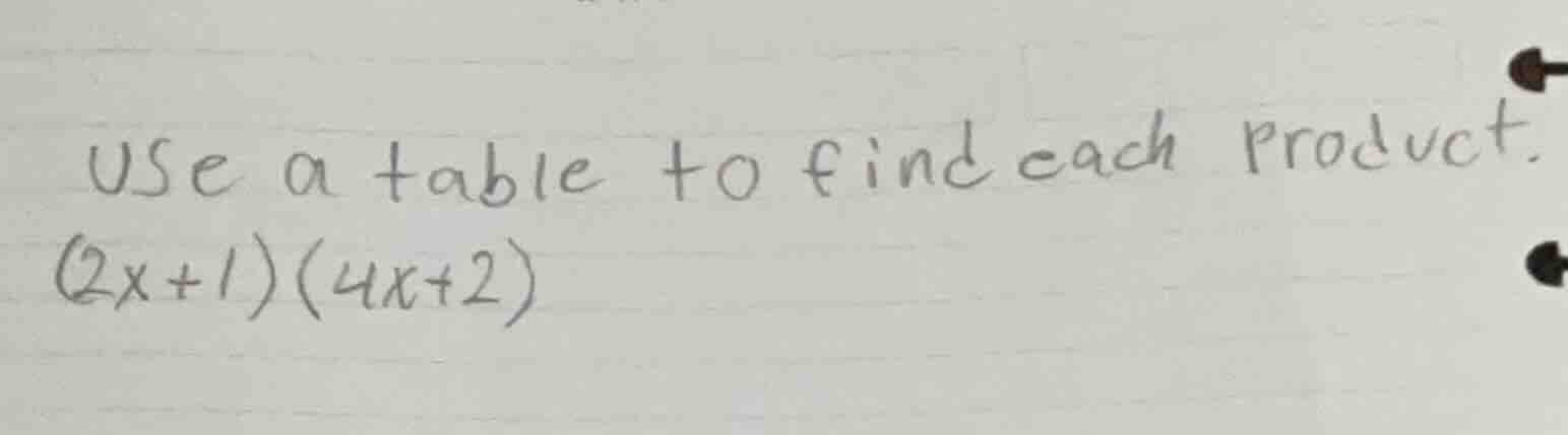 use a table to find each product. $(2x+1)(4x+2)$