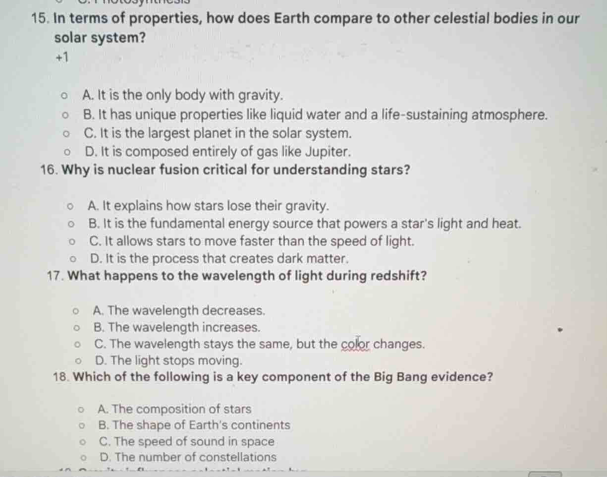 15. in terms of properties, how does earth compare to other celestial b…