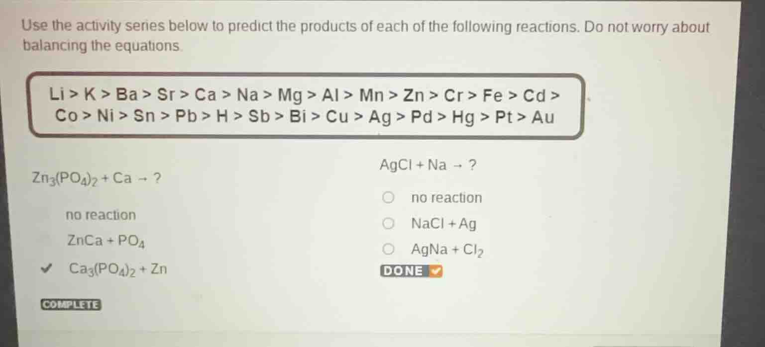 use the activity series below to predict the products of each of the fo…
