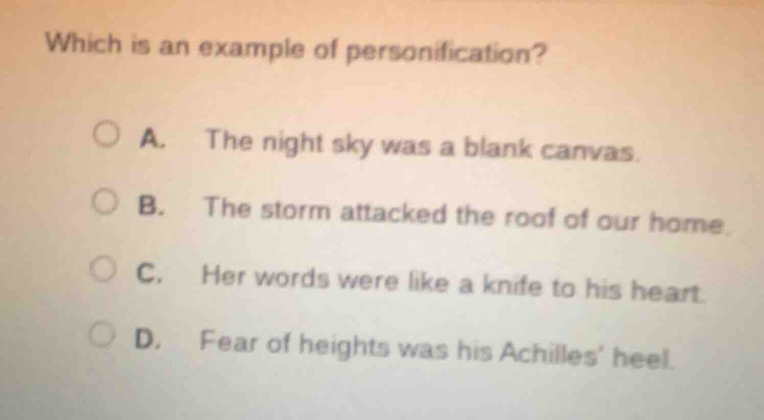 which is an example of personification? a. the night sky was a blank ca…