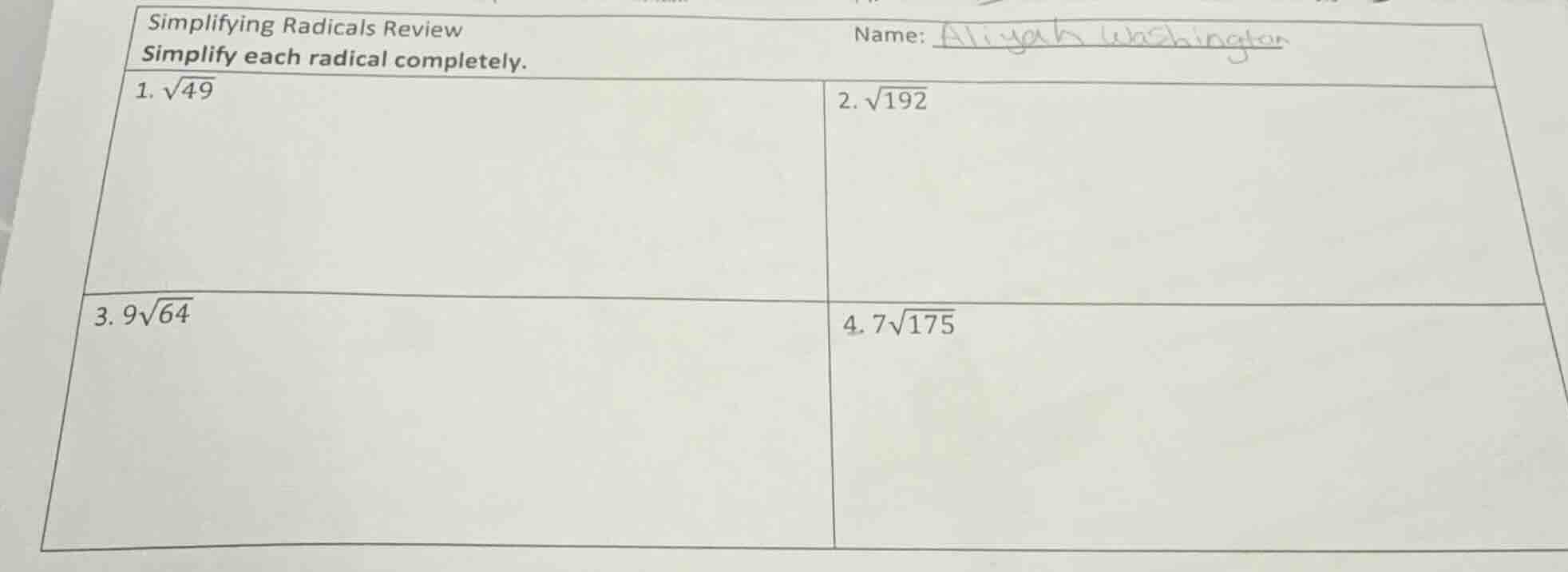 simplifying radicals review name: aliyah washington simplify each radic…